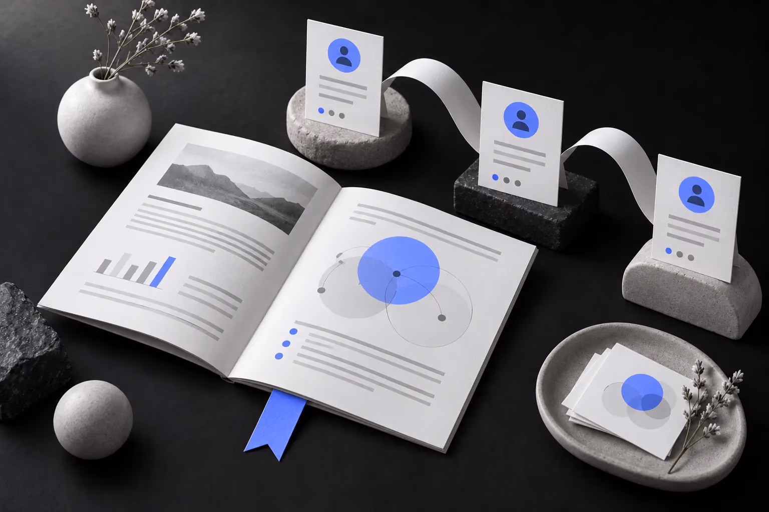 Paper newsletter and profile cards illustrating useful recommendations.