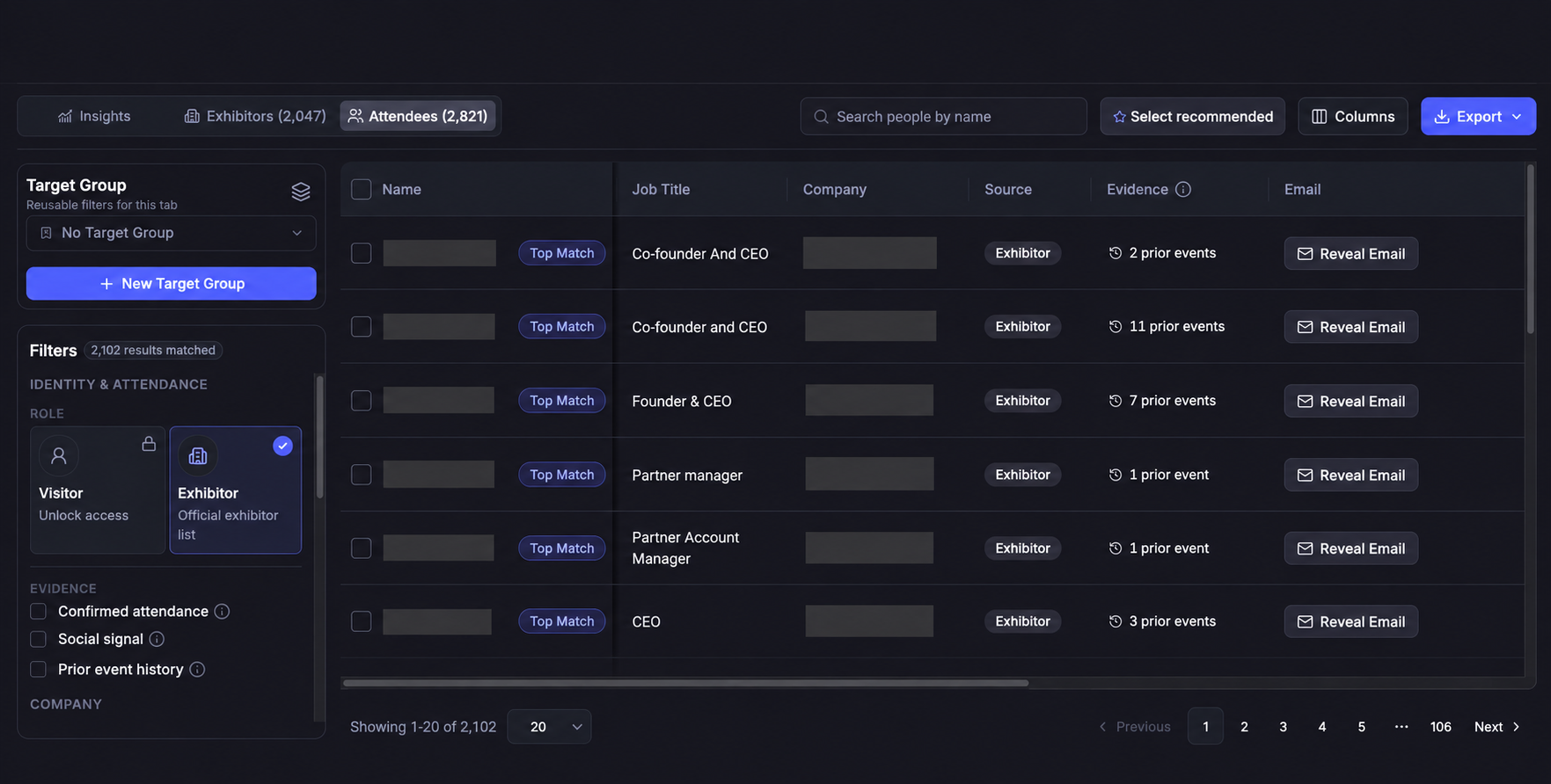 Privacy-edited Lensmor attendee product view showing evidence filters, job titles, exhibitor source labels, prior event history and available email reveals