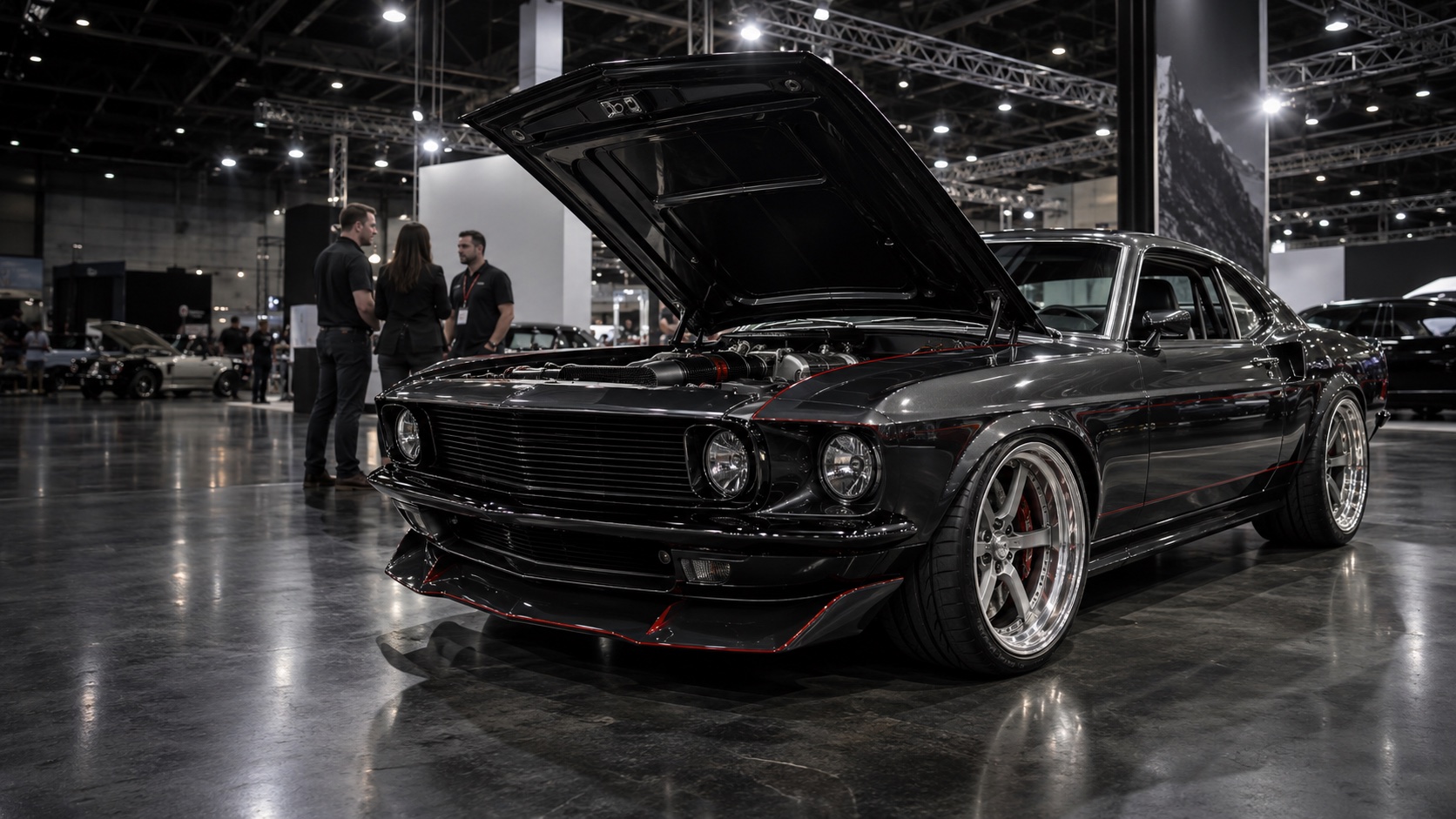 Illustrative custom muscle car and industry visitors in an automotive exhibition hall