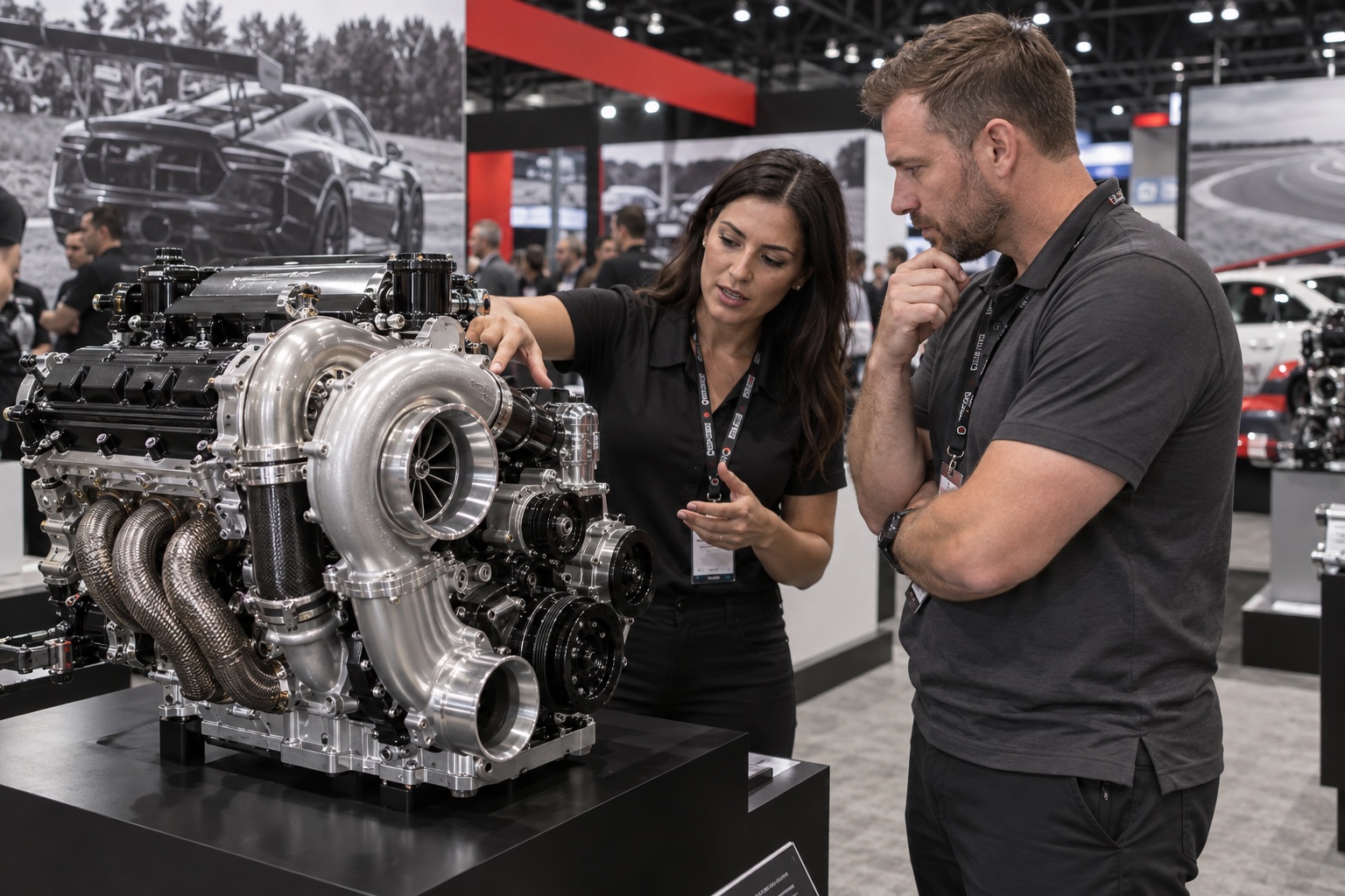 Illustrative industry professionals discussing a performance engine at an exhibition