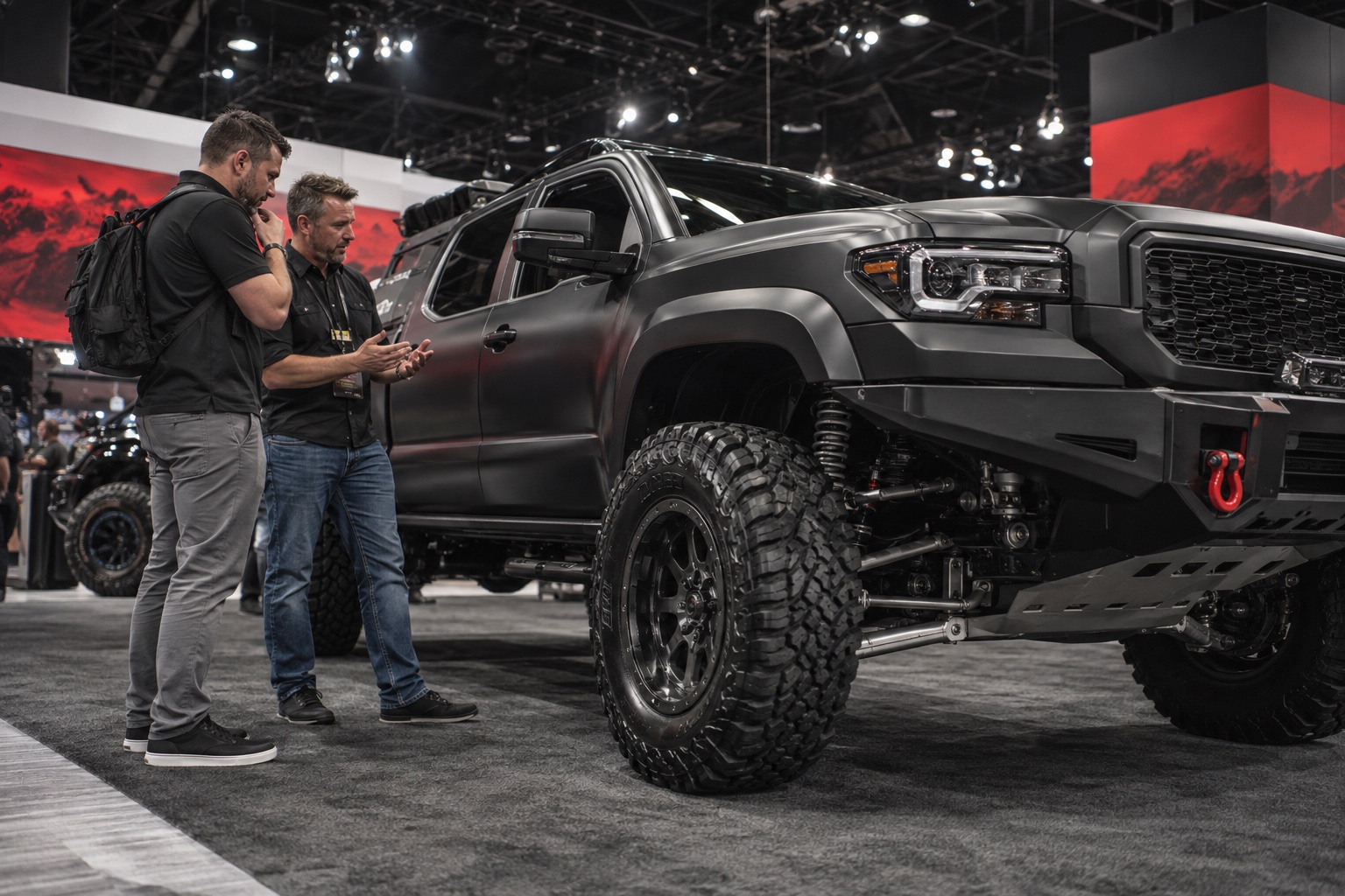 Illustrative automotive professionals beside a modified off-road pickup