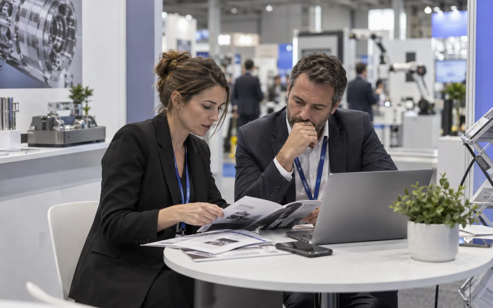 Generated scenario: exhibitor colleagues researching companies at their trade-show stand