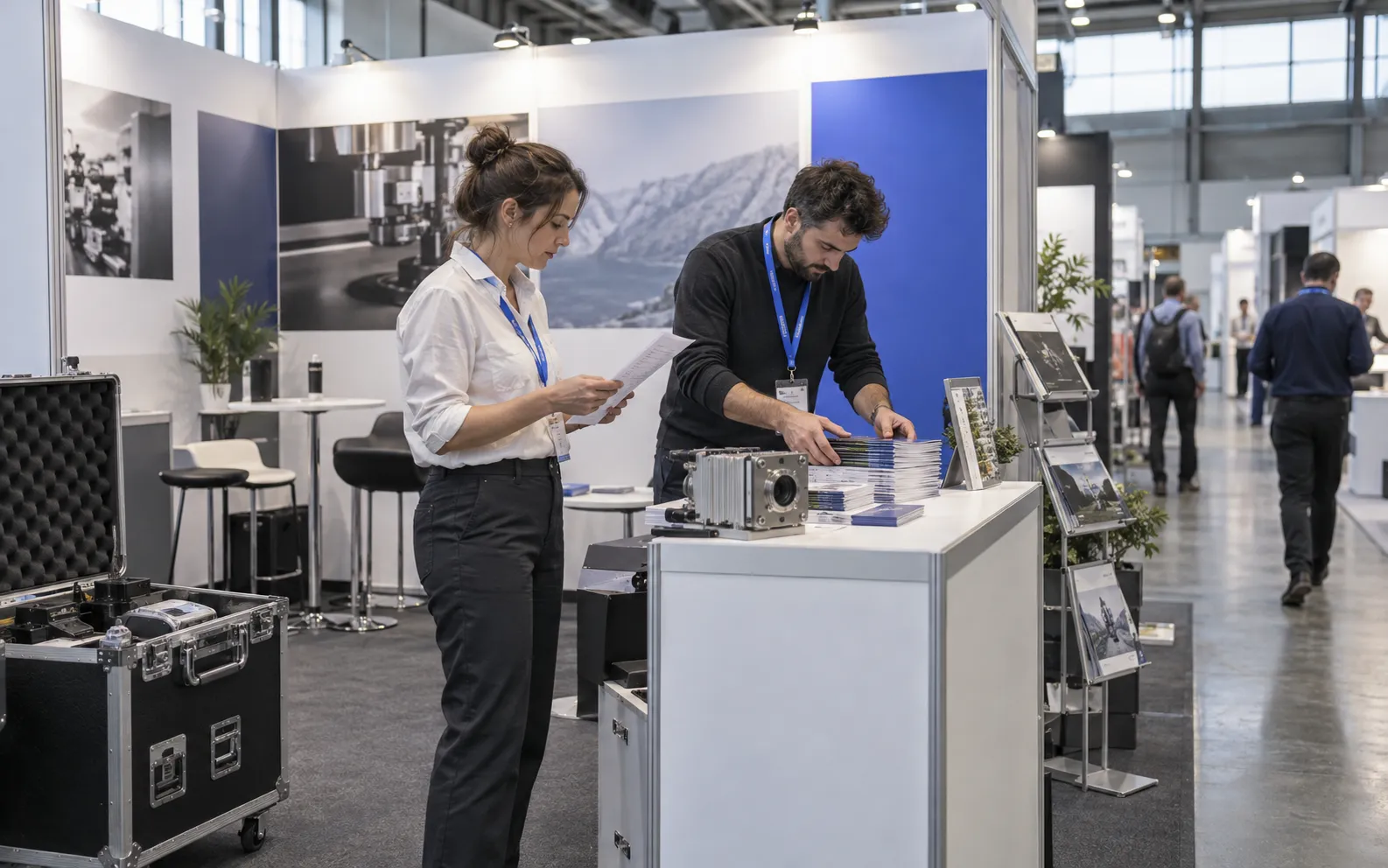 Generated scenario: an exhibitor team preparing brochures and a demo unit before doors open