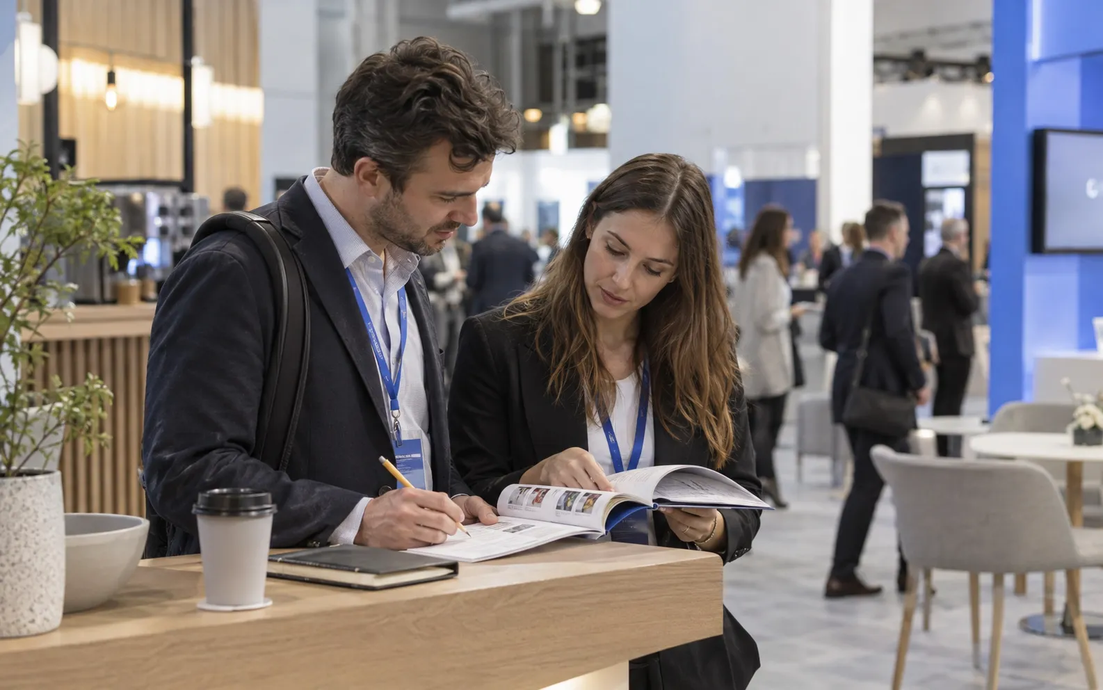 Generated scenario: sales colleagues reviewing a catalogue and agenda before outreach