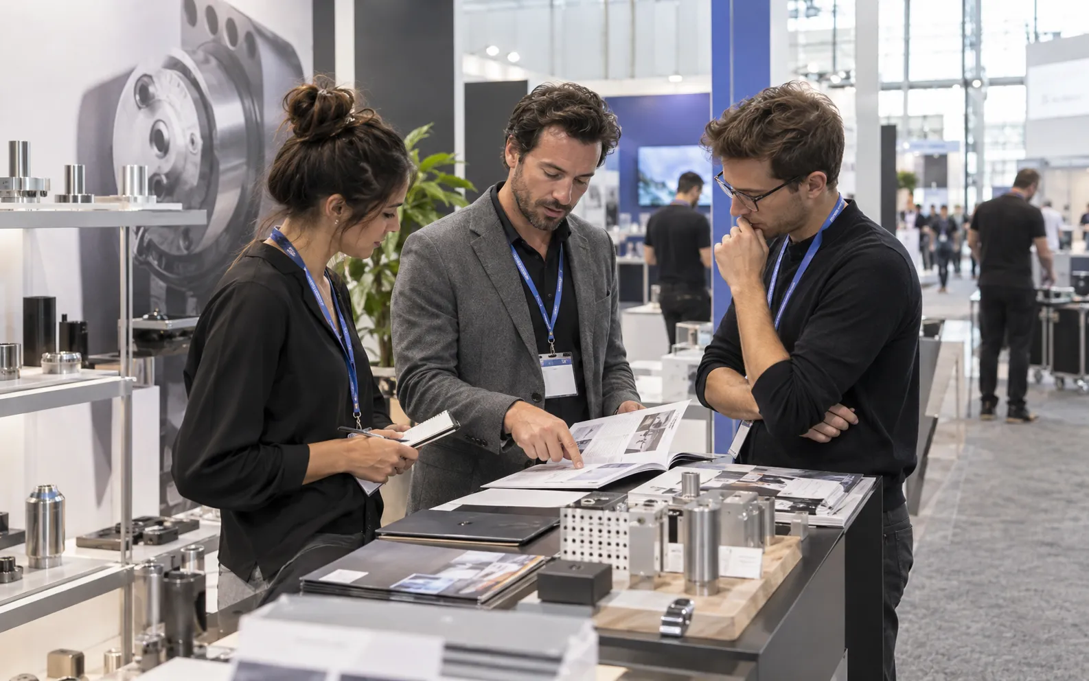 Generated scenario: exhibitor teammates reviewing a prospect brief before their first conversations