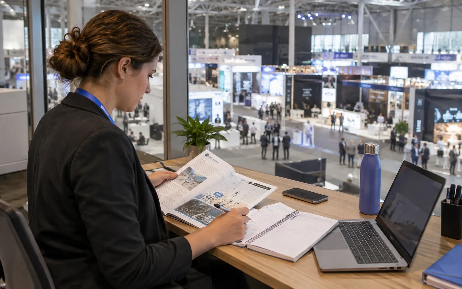 Generated scenario: A service provider researcher compares a printed exhibitor catalogue with venue scheduling notes at a desk overlooking a convention hall