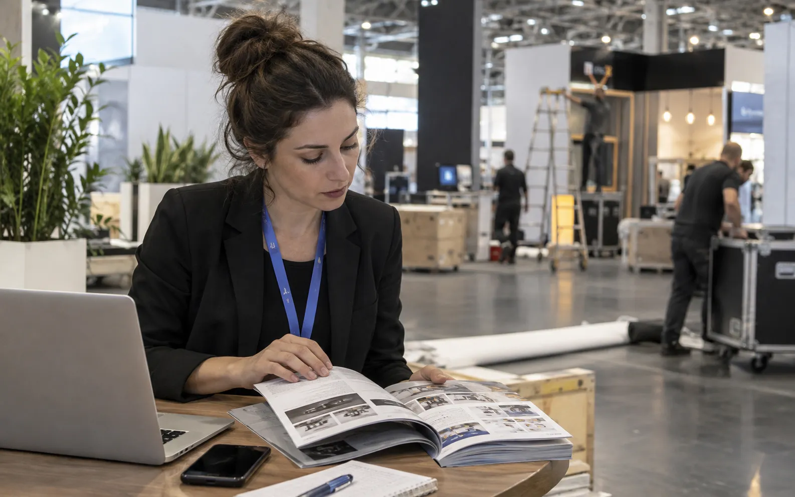 Generated scenario: An agency business developer browses a printed industrial exhibitor directory beside a laptop at the edge of an exhibition hall