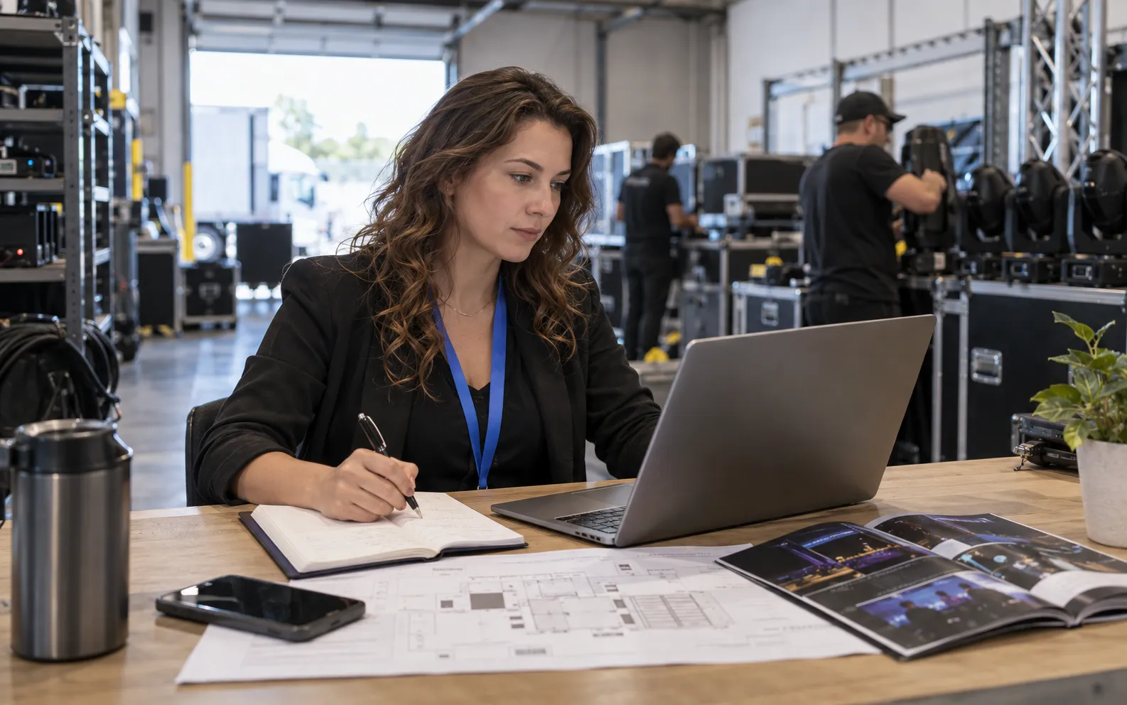 Generated scenario: An agency account manager prepares a specific exhibitor outreach brief at a laptop with a relevant product brochure and show plan beside it, an audiovisual rental workshop in background