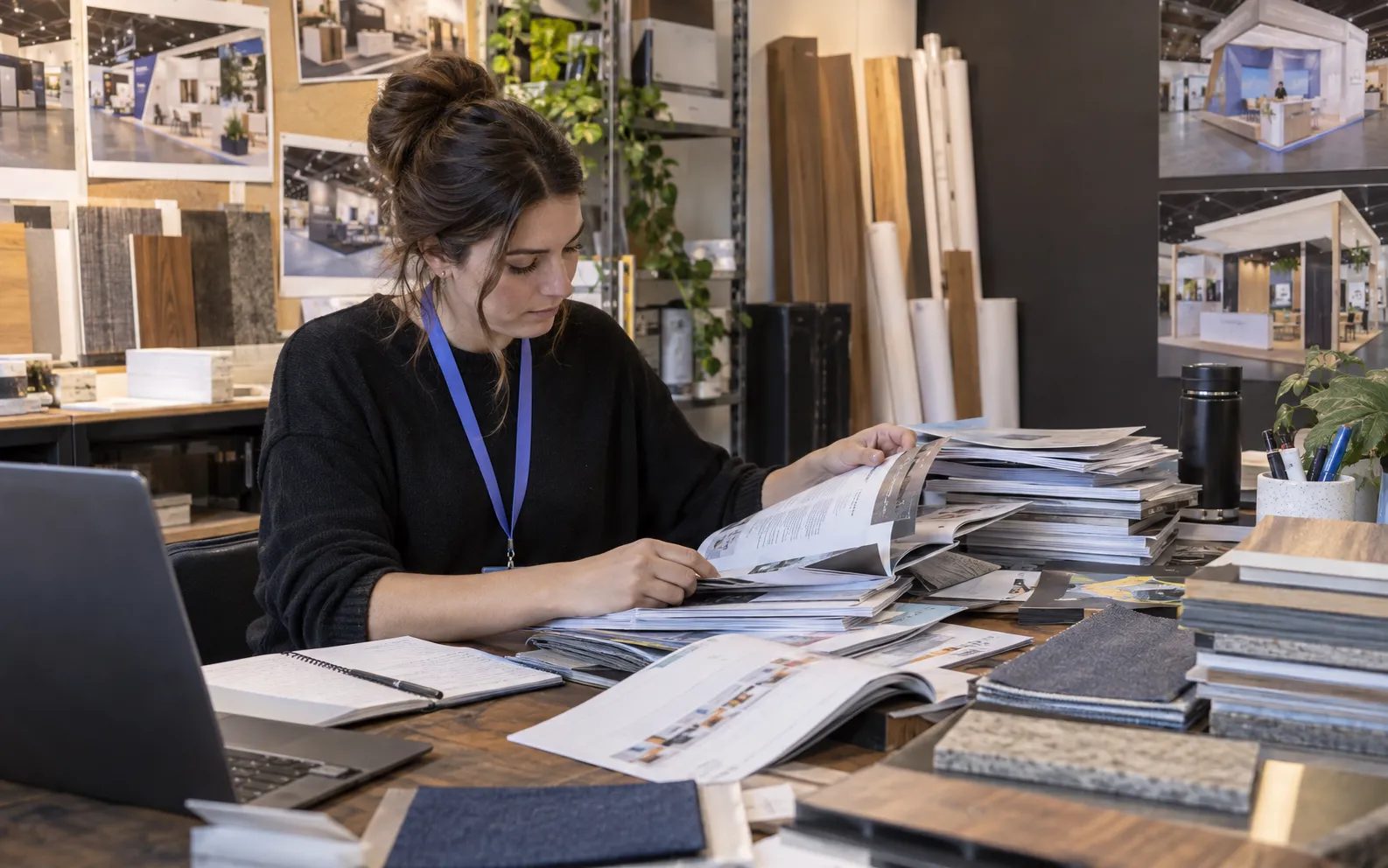 Generated scenario: An exhibit builder's business developer sorts an overly broad pile of show directories beside timber, fabric and laminate samples in a working design studio