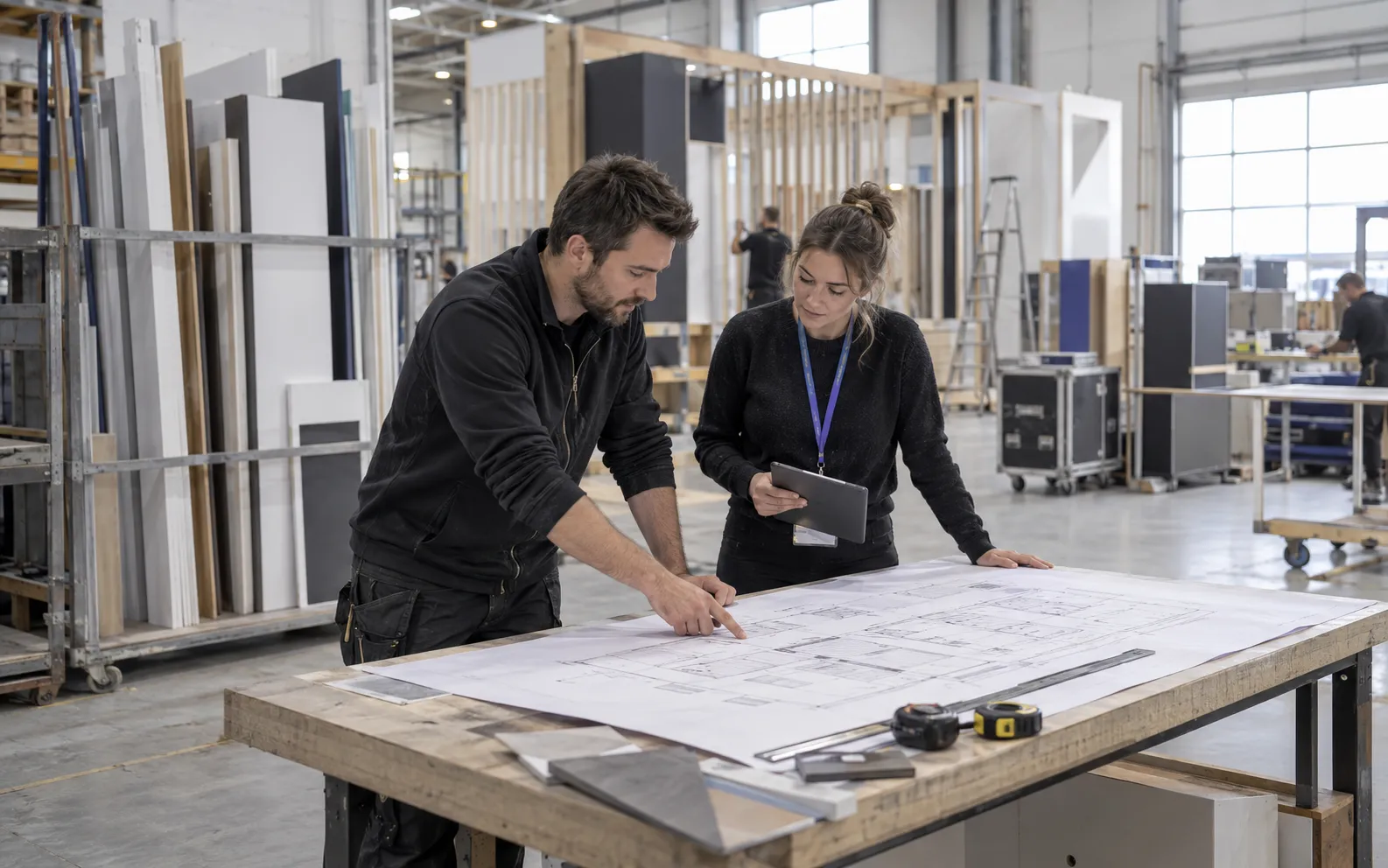 Generated scenario: A stand designer and project lead review a freshly arrived floorplan brief while fabricated booth panels stand ready in the workshop behind them