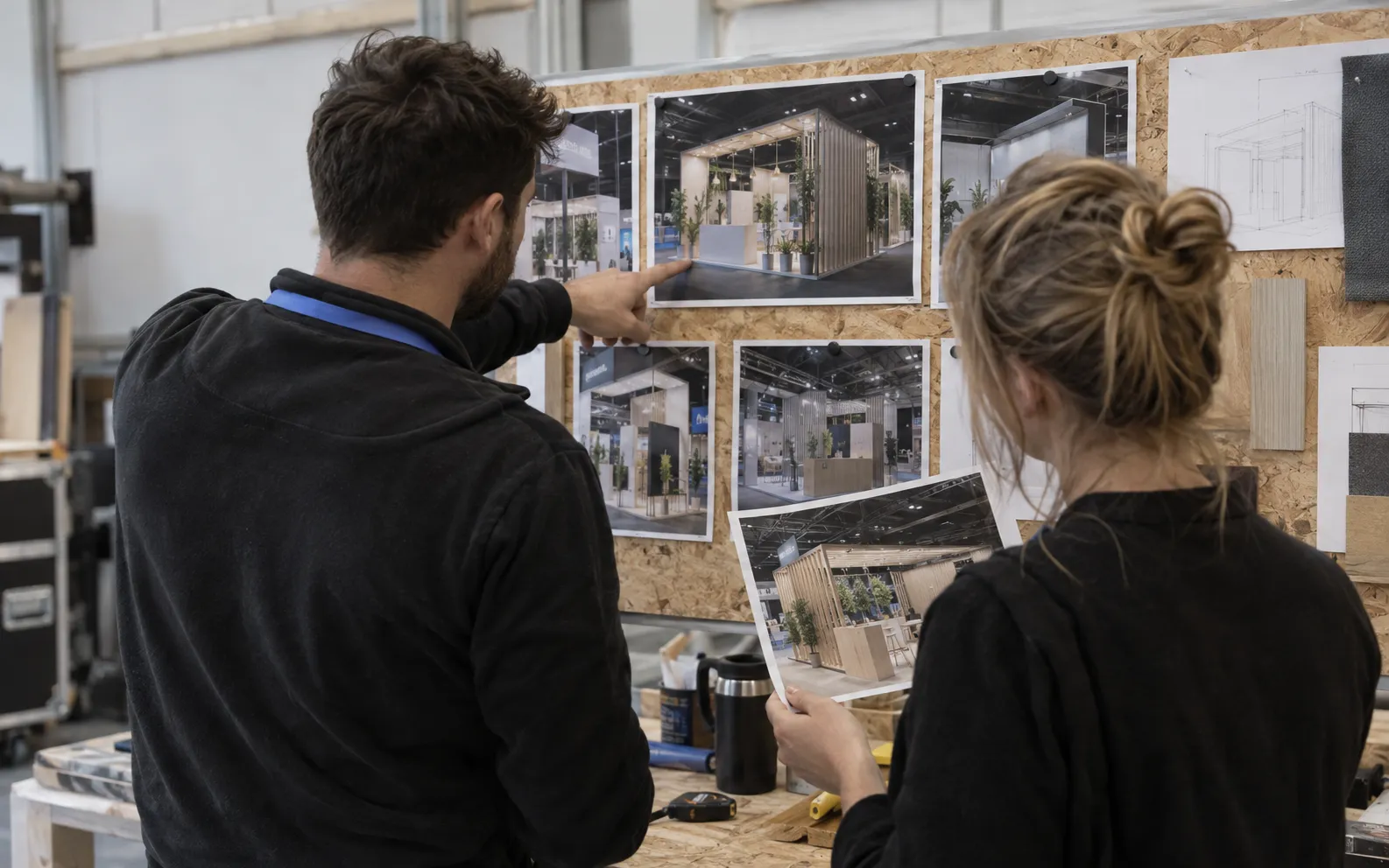 Generated scenario: Two stand designers compare printed photographs of the same fictional company's booths at different venues on a workshop pinboard