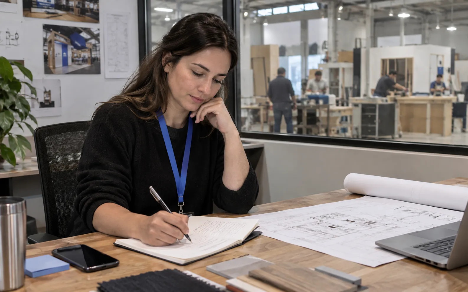 Generated scenario: An exhibit builder's account manager drafts a project question beside a notebook, phone and simple booth floorplan, with the workshop beyond an internal window