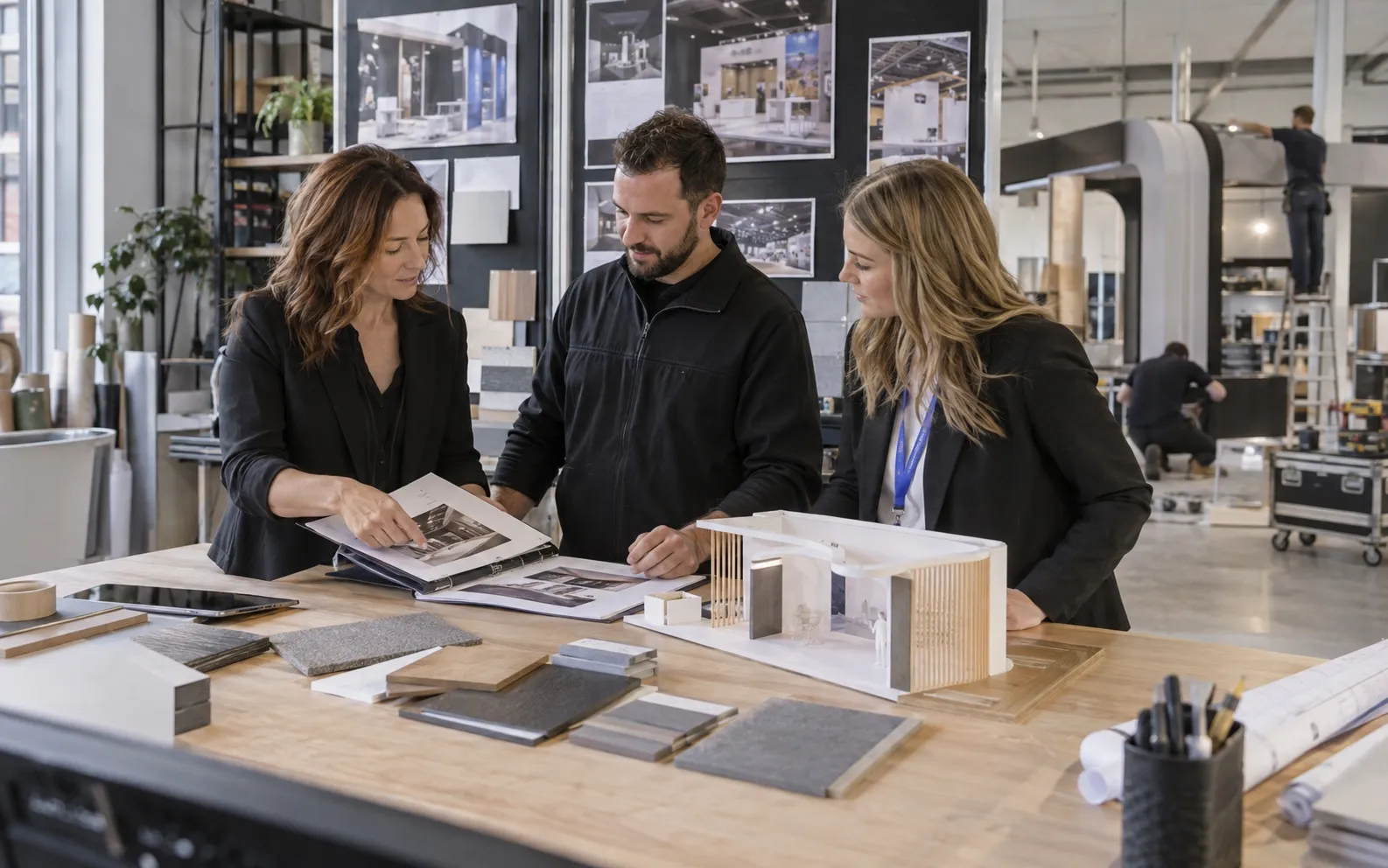 Generated scenario: A designer, fabricator and account manager review a concise prospect folder together around a physical stand model and surface samples in the exhibition design studio