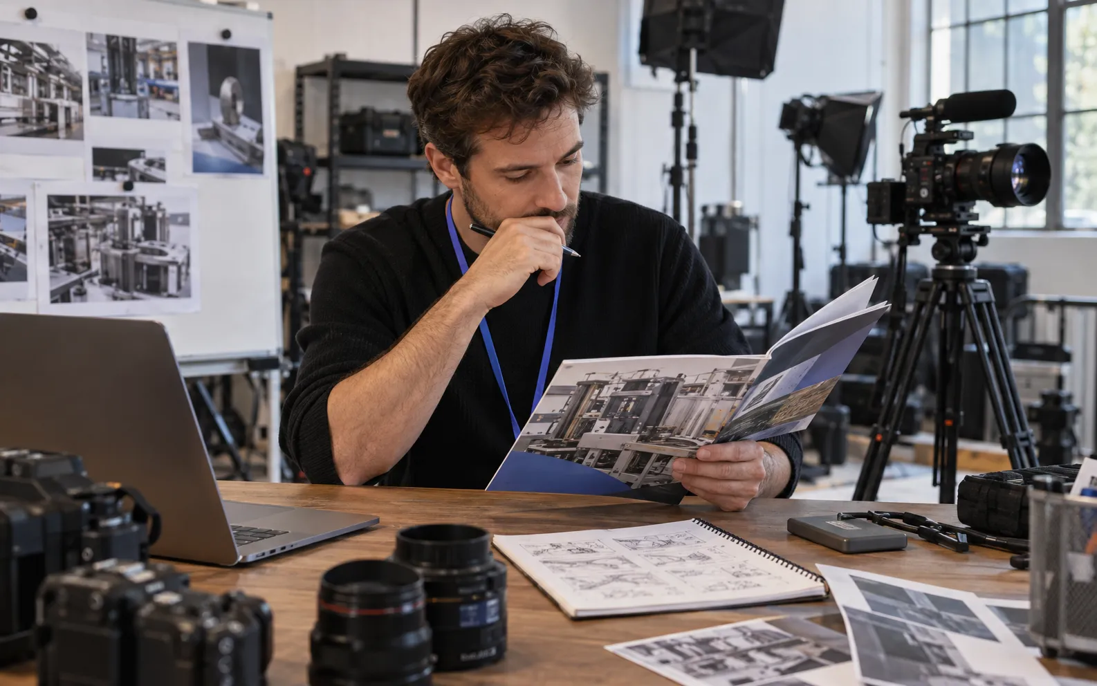 Generated scenario: A small video studio producer researches an industrial exhibitor's product brochure beside camera lenses and a sketch storyboard