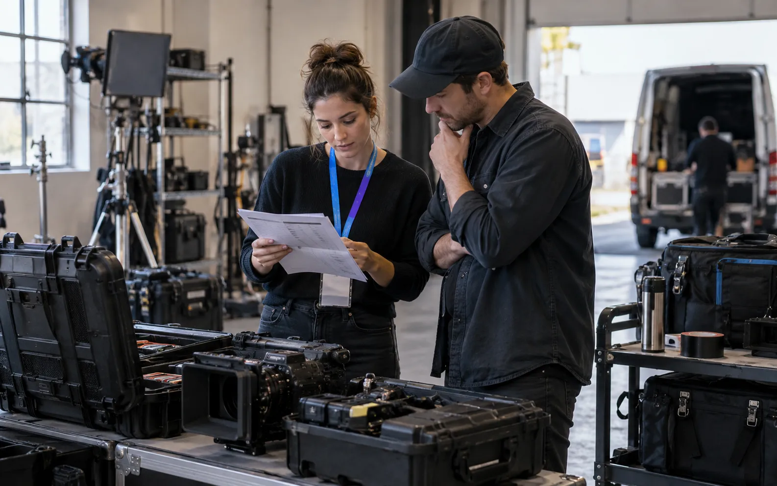Generated scenario: A producer and cinematographer check a shooting schedule on paper beside packed cinema camera cases in a practical studio before leaving for a trade show