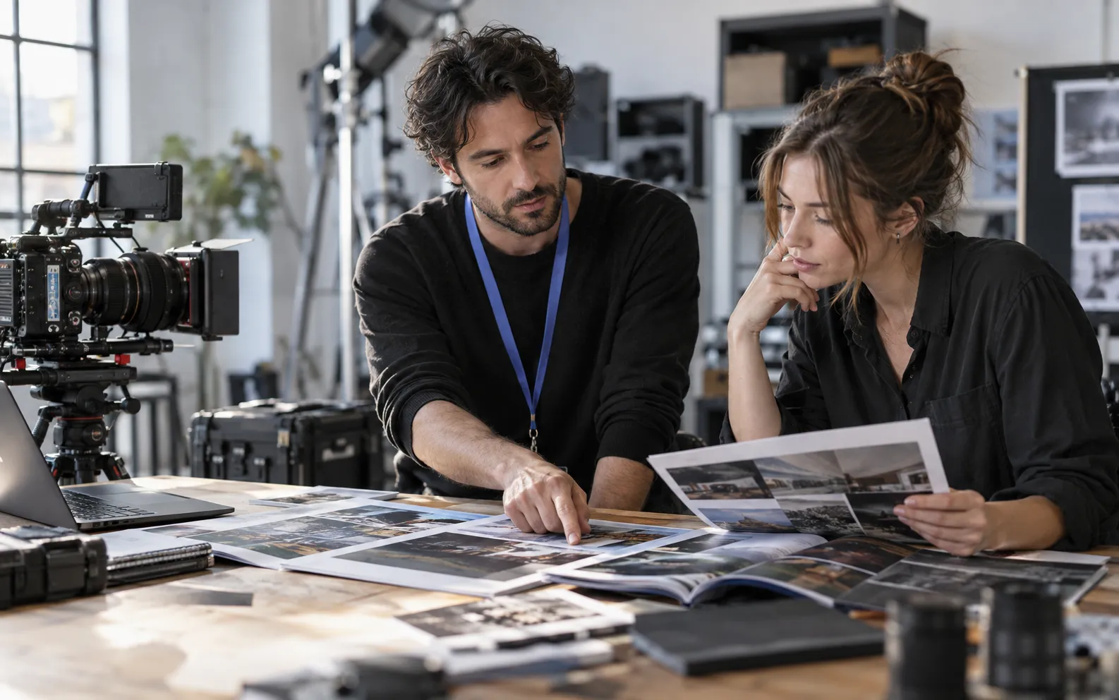 Generated scenario: A cinematographer and producer review physical sample footage stills and industry catalogues beside a camera rig in their working studio, choosing an industry specialty