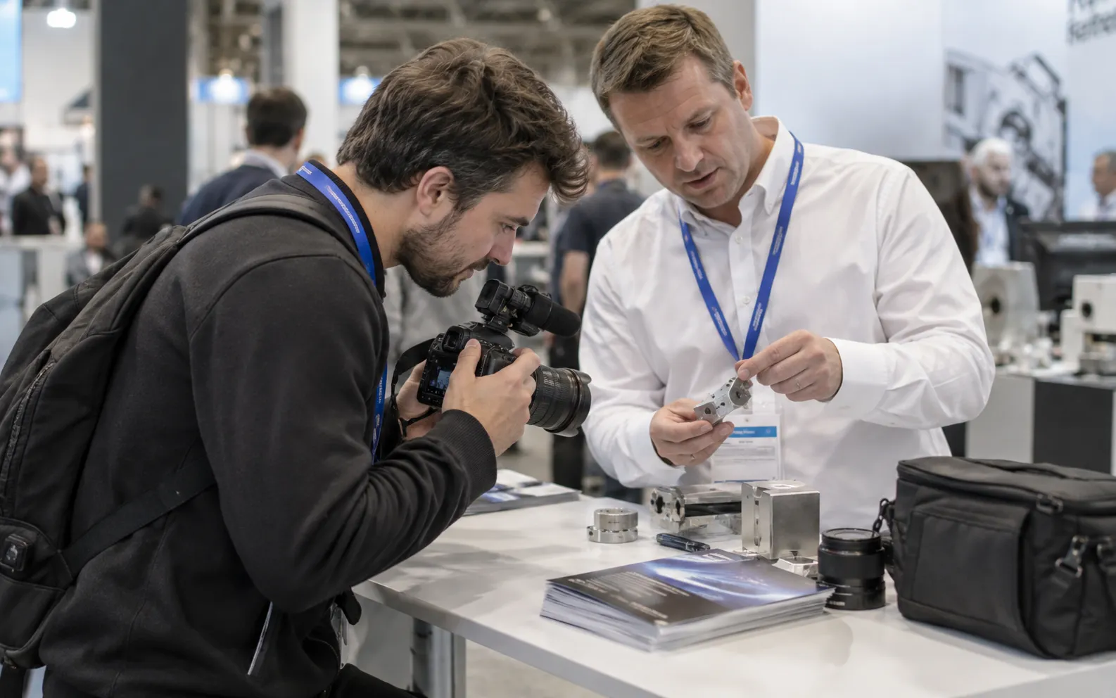 Generated scenario: A video researcher looks closely at a small industrial component on a demo table while an exhibitor explains it, printed product literature and a compact camera bag nearby