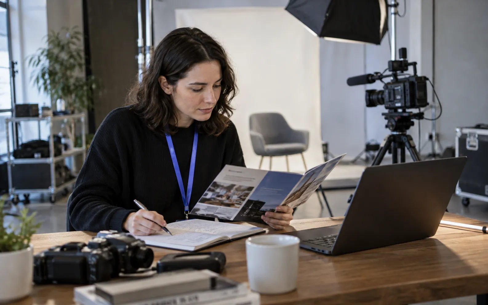 Generated scenario: A studio producer reviews an exhibitor's publicly available marketing brochure and a role-research notebook beside a laptop, with an empty interview lighting setup in the background