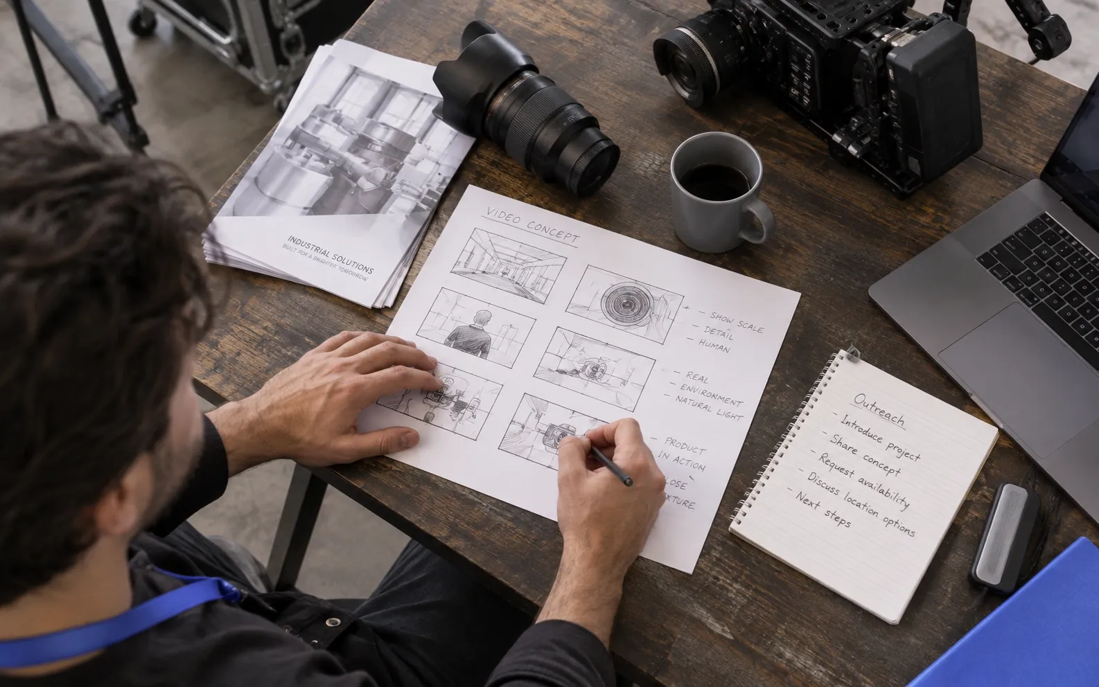 Generated scenario: A video director prepares a simple pencil storyboard and outreach note on a studio worktable, an industrial product brochure and a professional camera lens give context