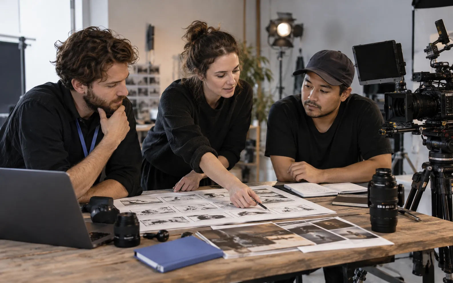 Generated scenario: A video studio team of three reviews a researched exhibitor prospect brief alongside a physical storyboard and cinema camera in a modest professional studio
