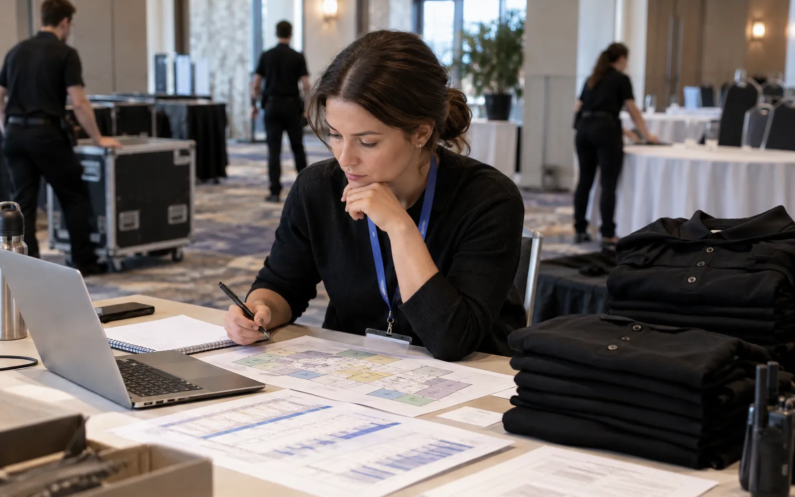 Generated scenario: A staffing operations manager checks a service-area map and staff availability sheets at a venue preparation desk, unbranded uniforms folded nearby