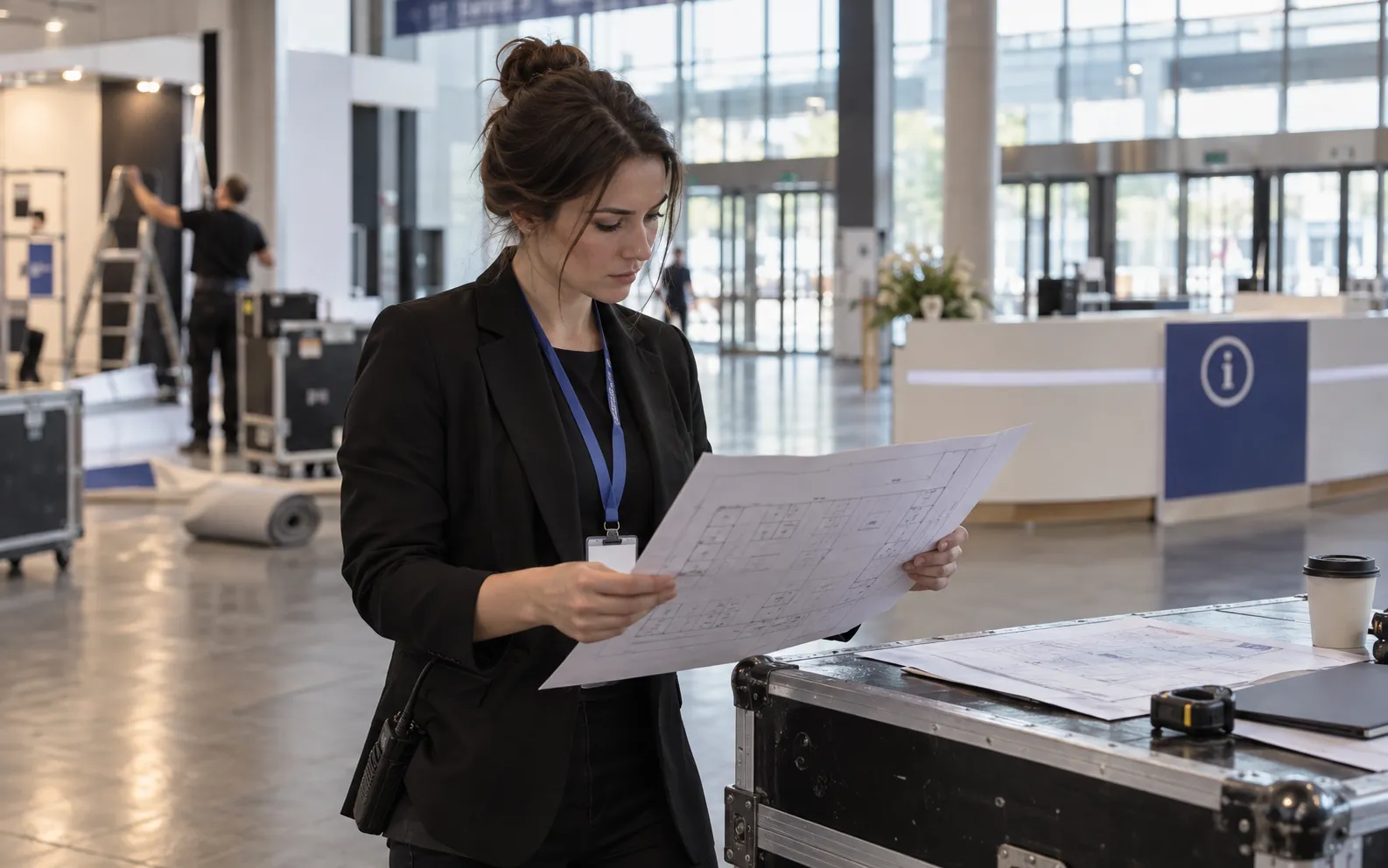 Generated scenario: An agency coordinator studies an exhibitor's stand plan while the exhibition entrance is being prepared, reception counter and empty information point visible behind