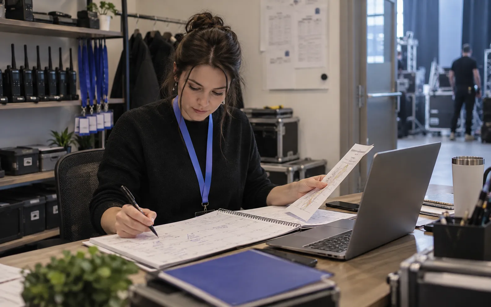 Generated scenario: A staffing planner compares two venue dates on a paper calendar with travel-distance notes, in a backstage office with unbranded lanyards and radios neatly on shelves