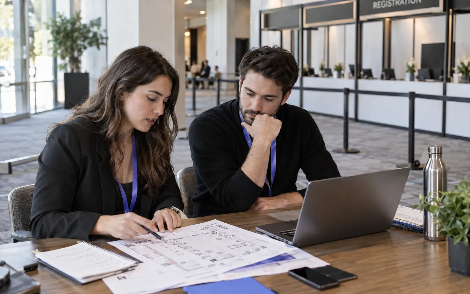 Generated scenario: An agency coordinator reviews a client organization sketch and event operations contact notes with a colleague, sitting near an empty registration area