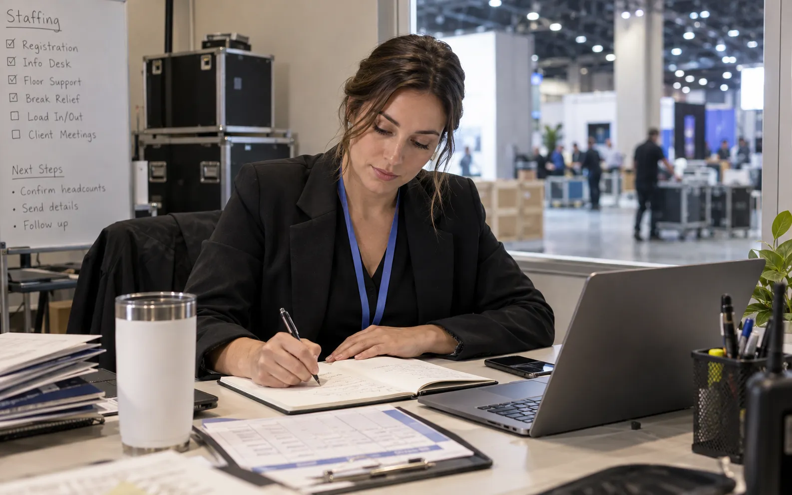 Generated scenario: A staffing business developer prepares a tailored outreach note beside shift planning paperwork and a laptop, in a quiet convention venue service office