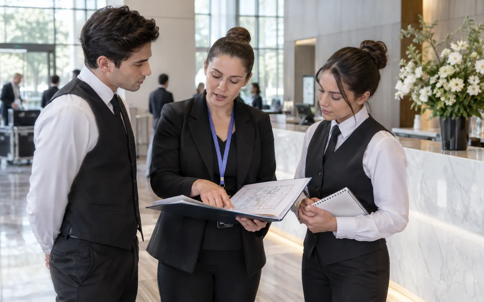 Generated scenario: A staffing coordinator briefs two smartly dressed event hosts using a venue map and service brief beside an unbranded reception desk before opening