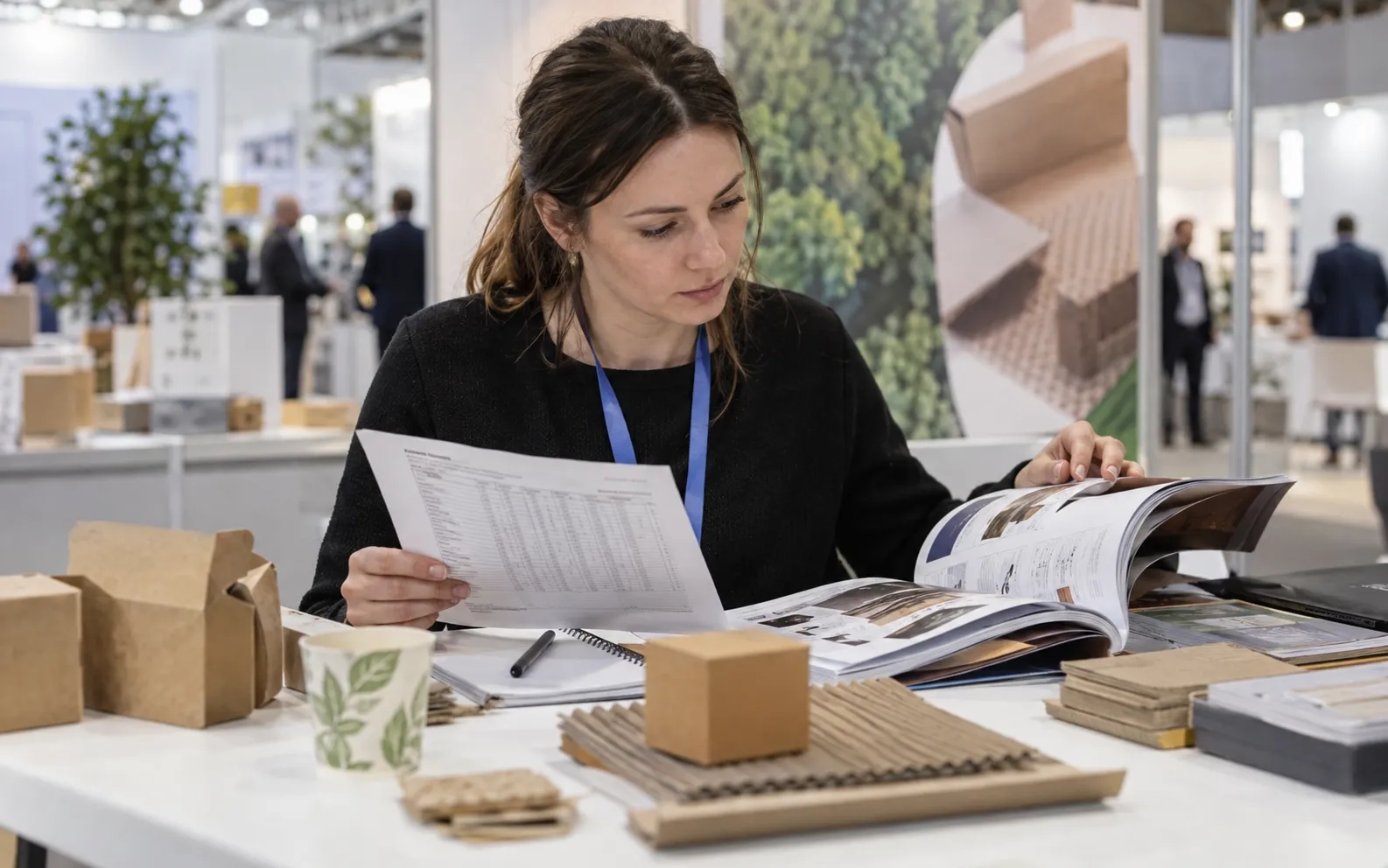 Generated scenario: A procurement researcher compares a packaging requirements sheet with a thick supplier exhibition catalogue at a sourcing desk