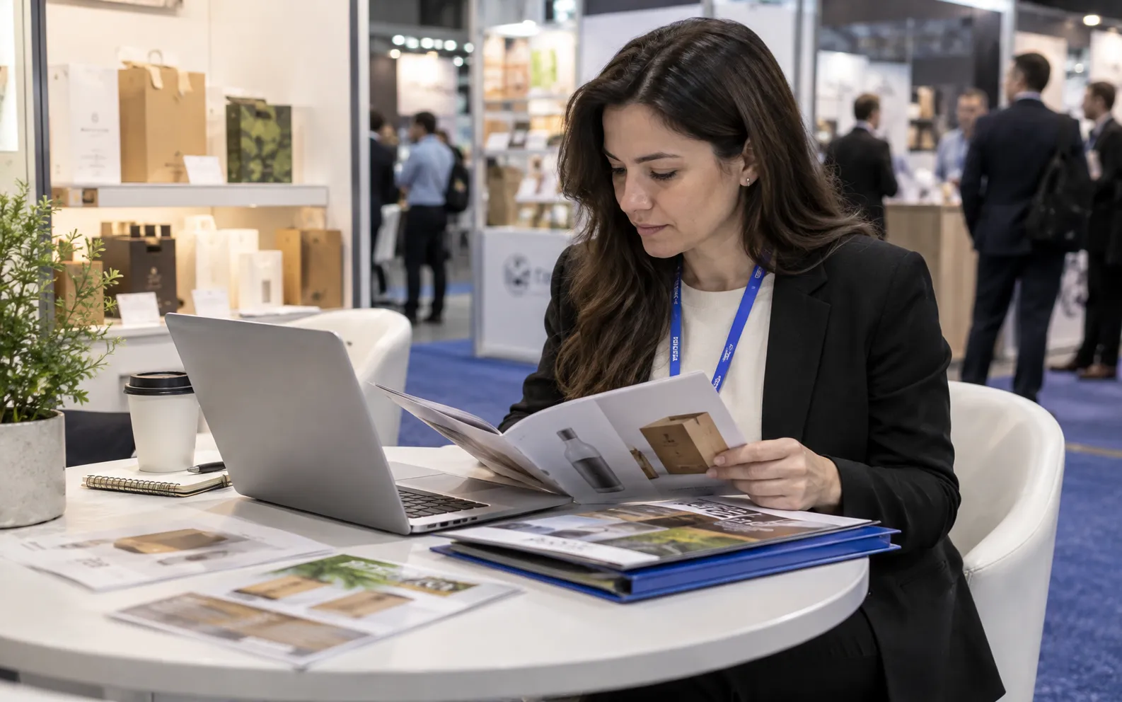Generated scenario: A buyer reviews several supplier brochures and a laptop at a trade-show lounge table, keeping the sources together in a research folder