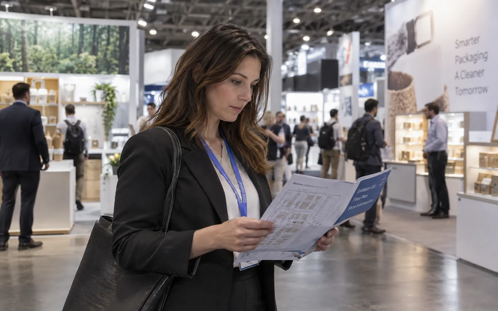 Generated scenario: A procurement professional pauses at the edge of a busy packaging show floor, consulting a folded supplier shortlist and floorplan before choosing a booth