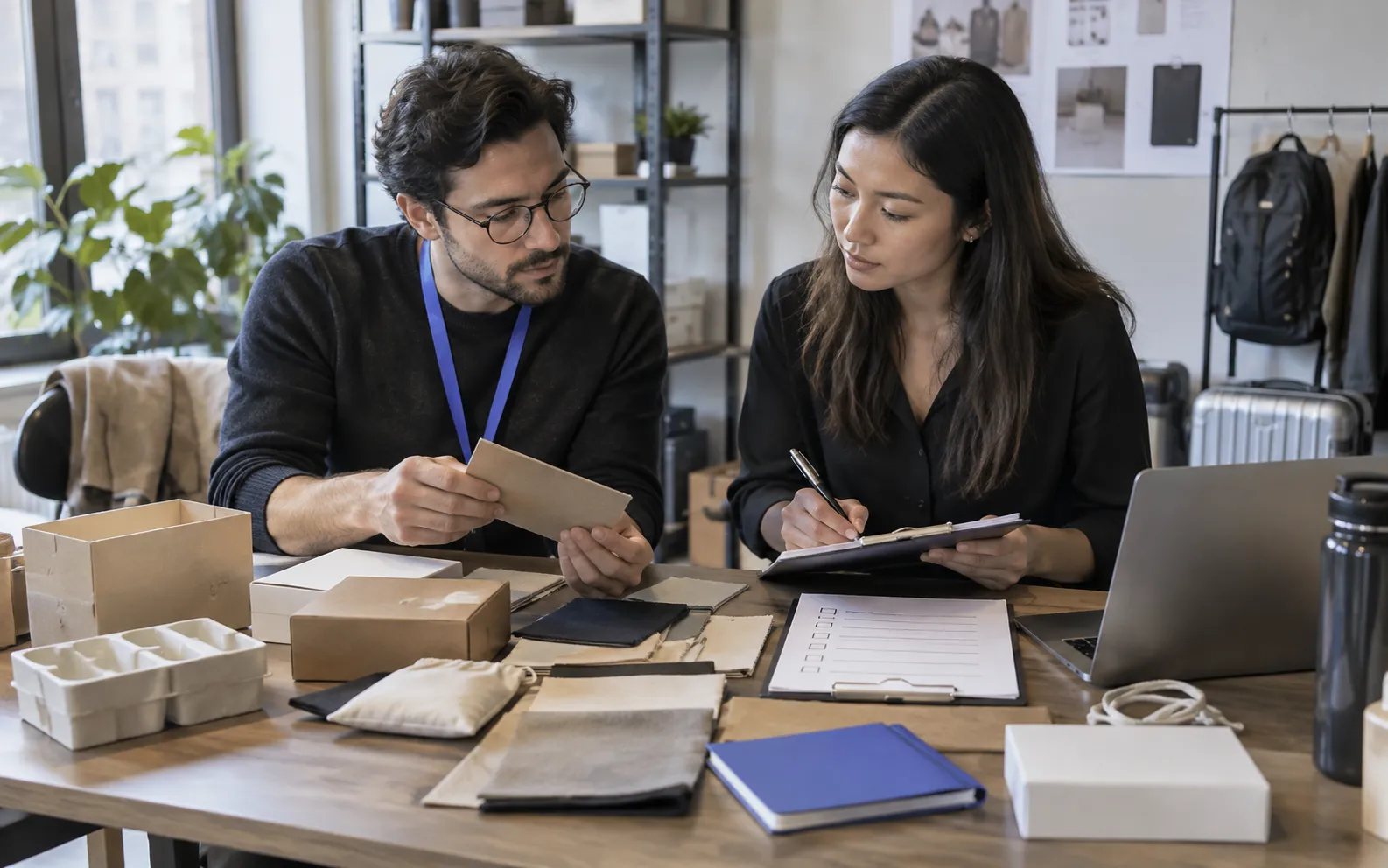 Generated scenario: Two procurement colleagues define sourcing needs using paper material samples, packaging prototypes and a plain checklist at a working table before a sourcing trip
