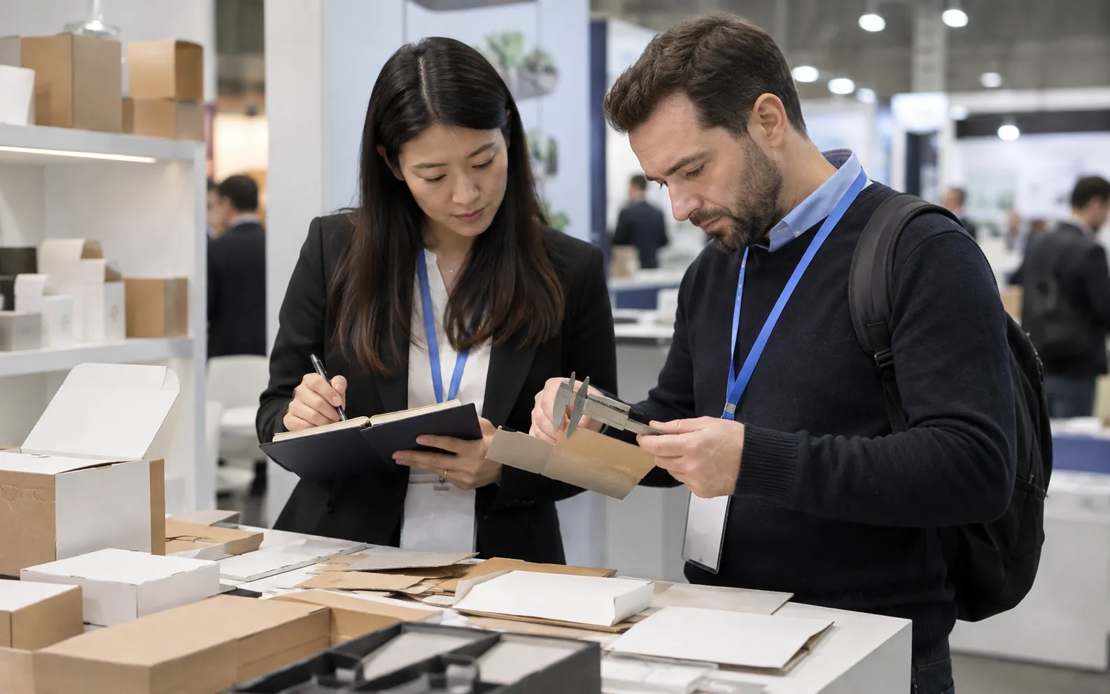 Generated scenario: A buyer and technical colleague examine carton construction and paper samples with a caliper and a question notebook