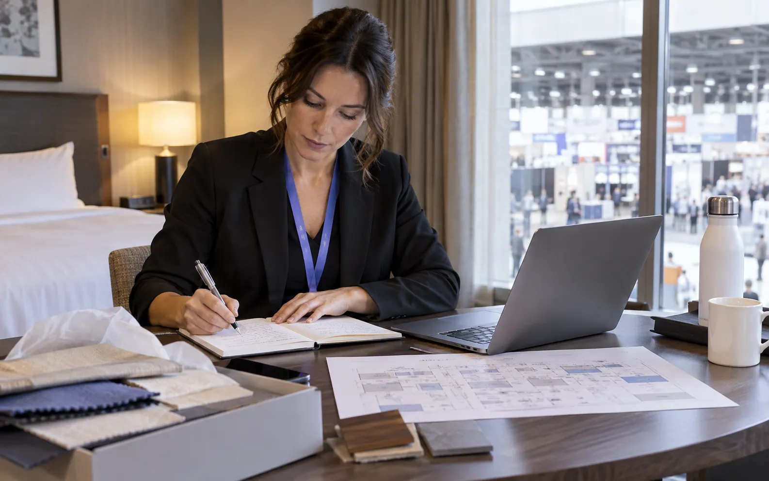 Generated scenario: A buyer prepares supplier questions in a notebook alongside an event floorplan and laptop, with the relevant sample package on the table in a hotel workspace near the exhibition