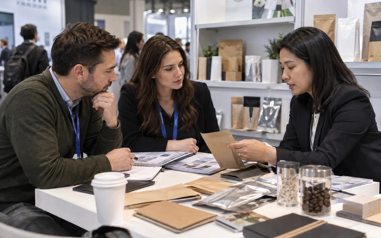 Generated scenario: Two buyers sit with a supplier at a packaging booth table, carefully comparing sample materials with their prepared research folder