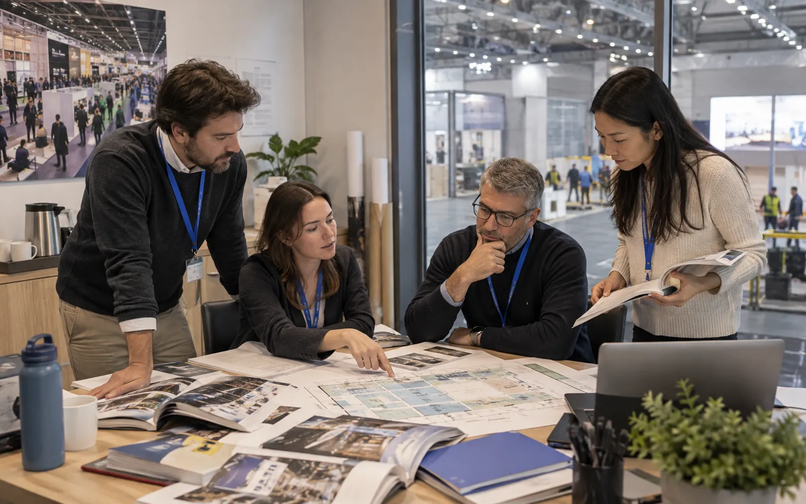 Generated scenario: An exhibition organizer's commercial team studies a show floor model and adjacent-industry exhibitor catalogues at a venue office, looking beyond last year's exhibitor portfolio