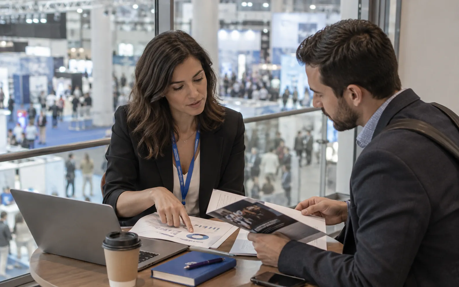 Generated scenario: An organizer's account manager compares a prospective sponsor's product brochure with their own show's audience profile on paper, beside the glass overlooking a convention hall