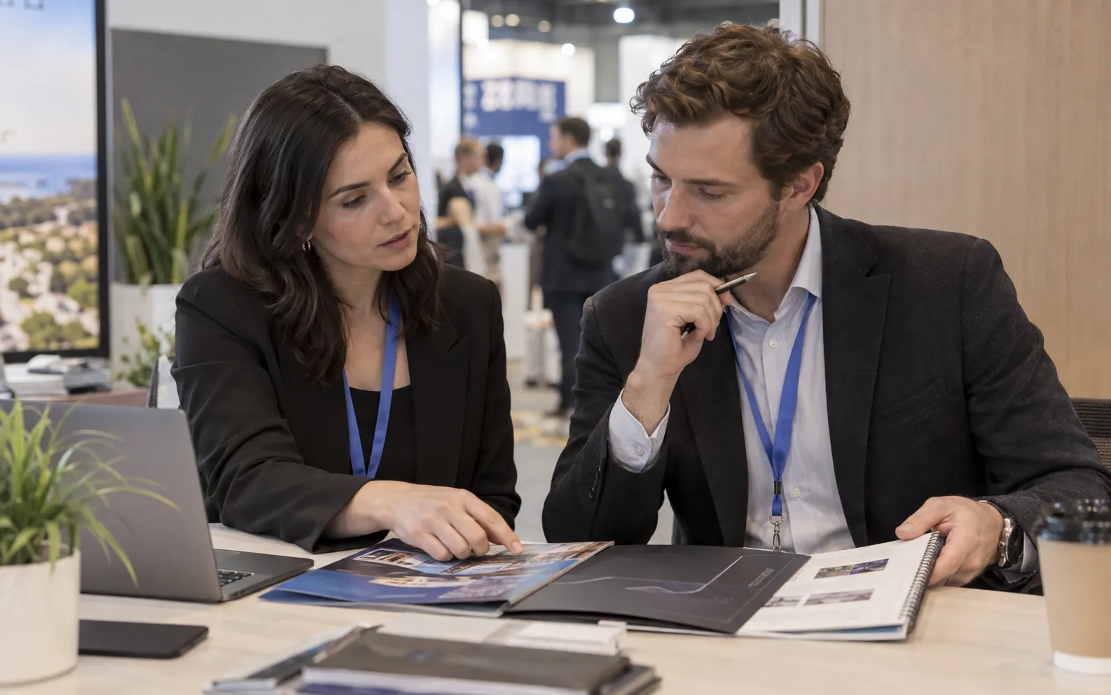 Generated scenario: An organizer reviews three distinct invitation briefs with a colleague: exhibitor brochure, sponsor proposal folder and professional buyer program notes