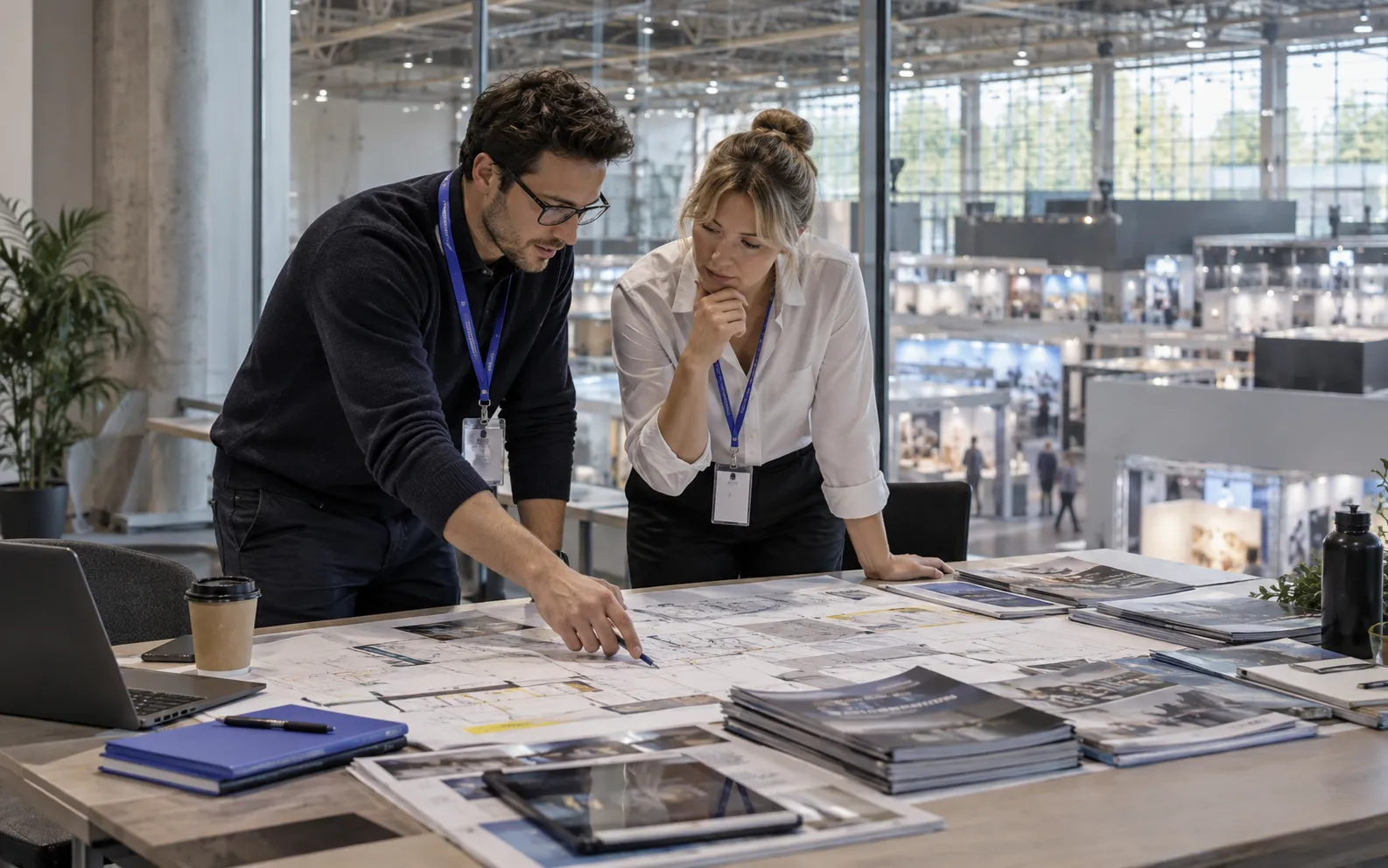Generated scenario: Two exhibition organizers survey comparable hall layouts and sector catalogues spread across a large venue planning table