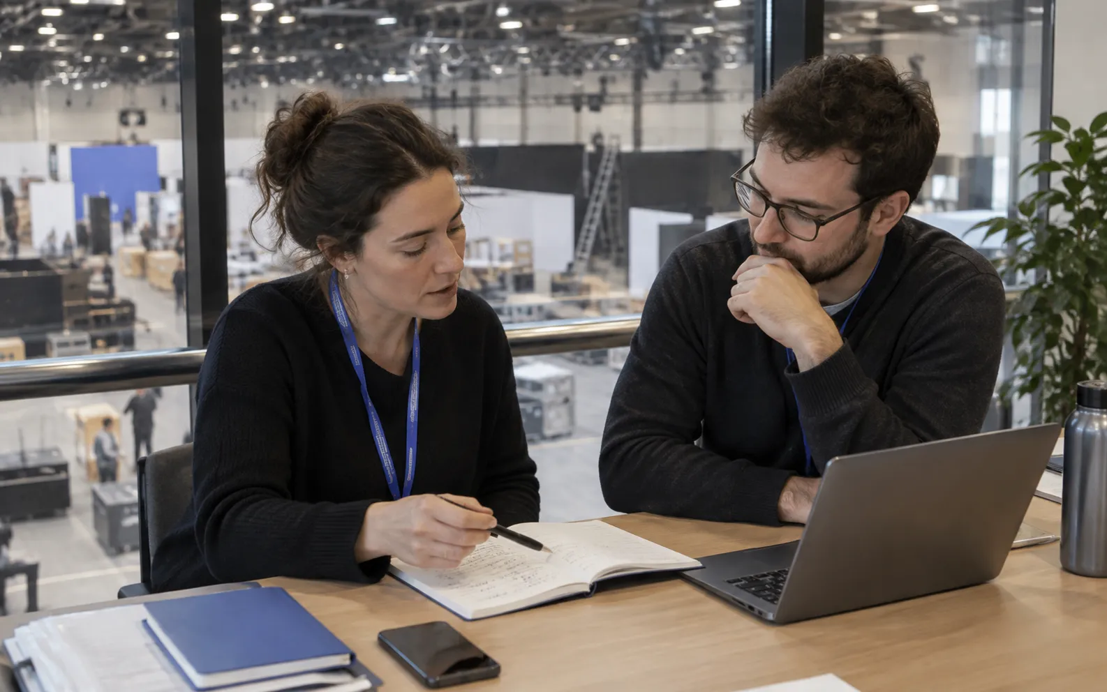 Generated scenario: An organizer's commercial researcher reviews partnership and procurement role notes with a colleague at a desk overlooking an empty hall being set up