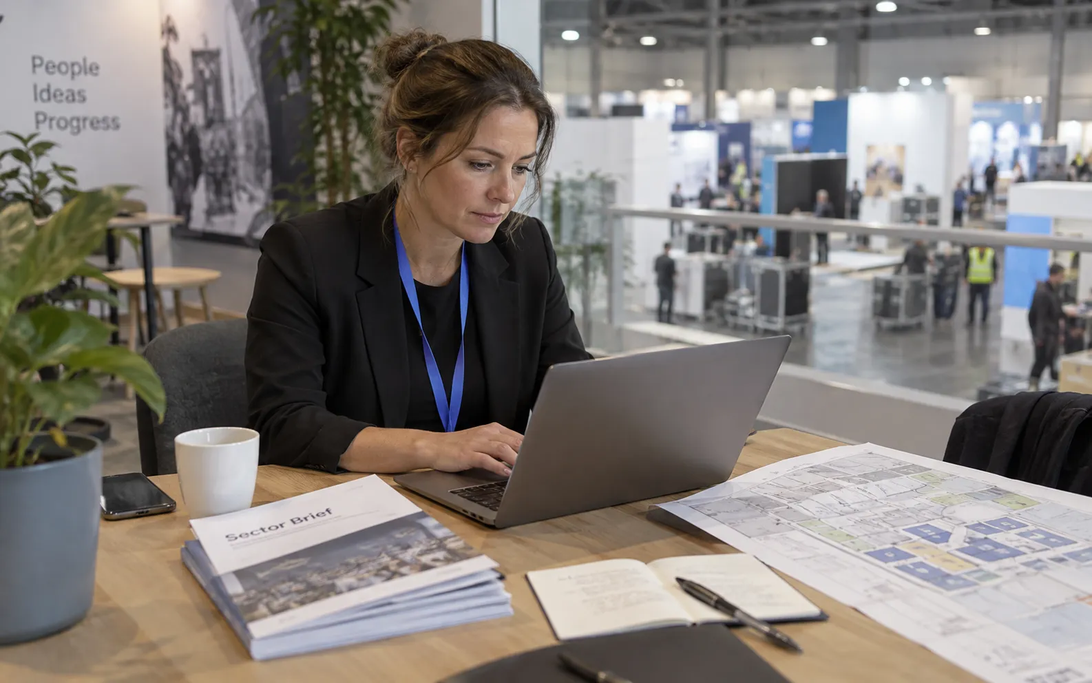 Generated scenario: An exhibition commercial director prepares a relevant company invitation at a laptop with a venue map and researched sector brief beside it