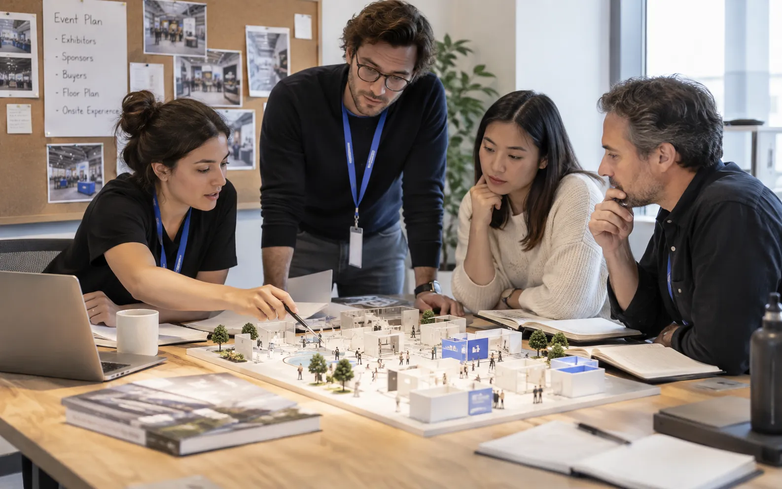 Generated scenario: A compact organizer team aligns exhibitor, sponsor and buyer acquisition briefs around a tabletop floor model in a venue planning office