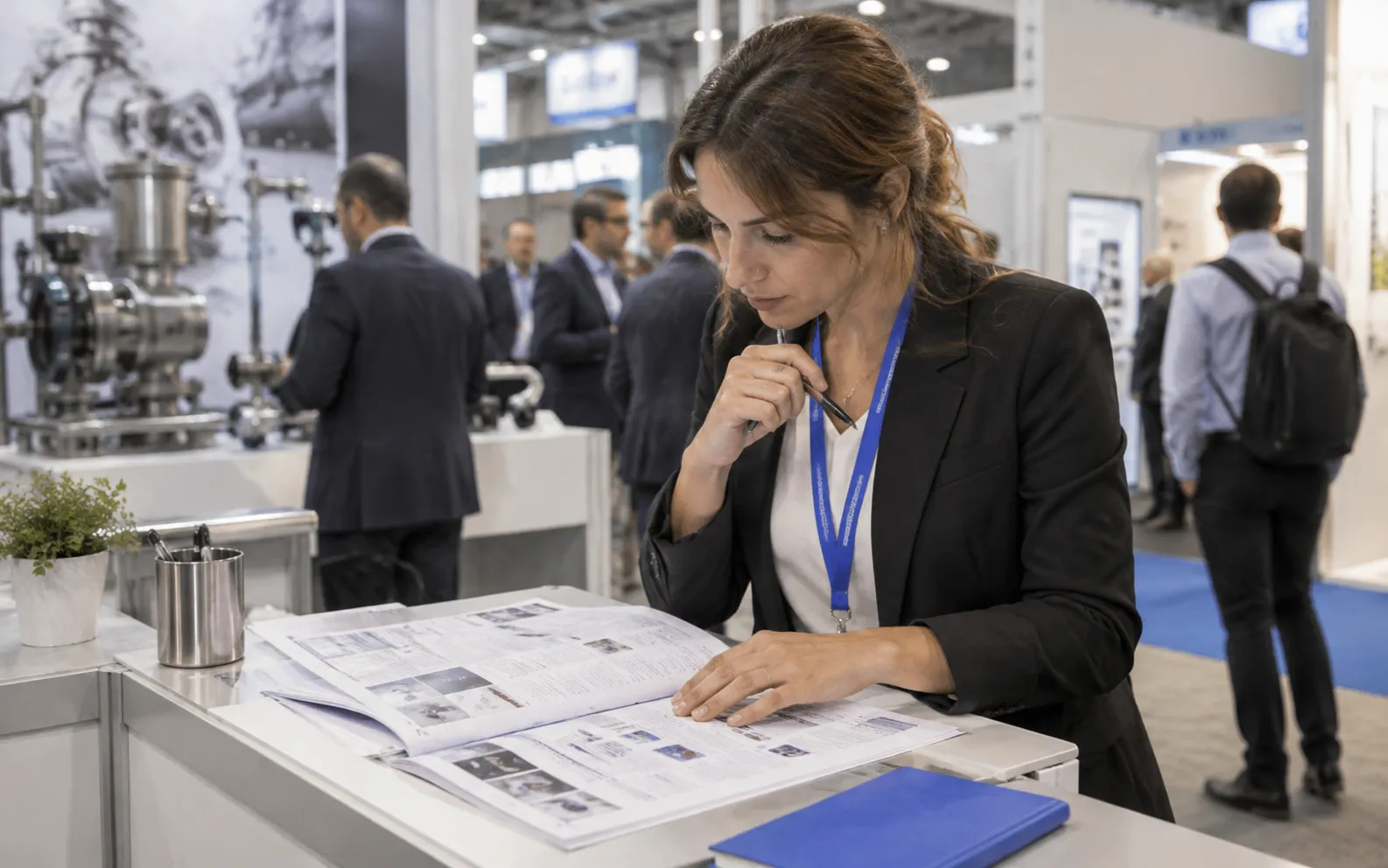 Generated scenario: A B2B sales rep studies a broad printed exhibitor directory with a notebook at a stand meeting counter, considering which accounts deserve attention