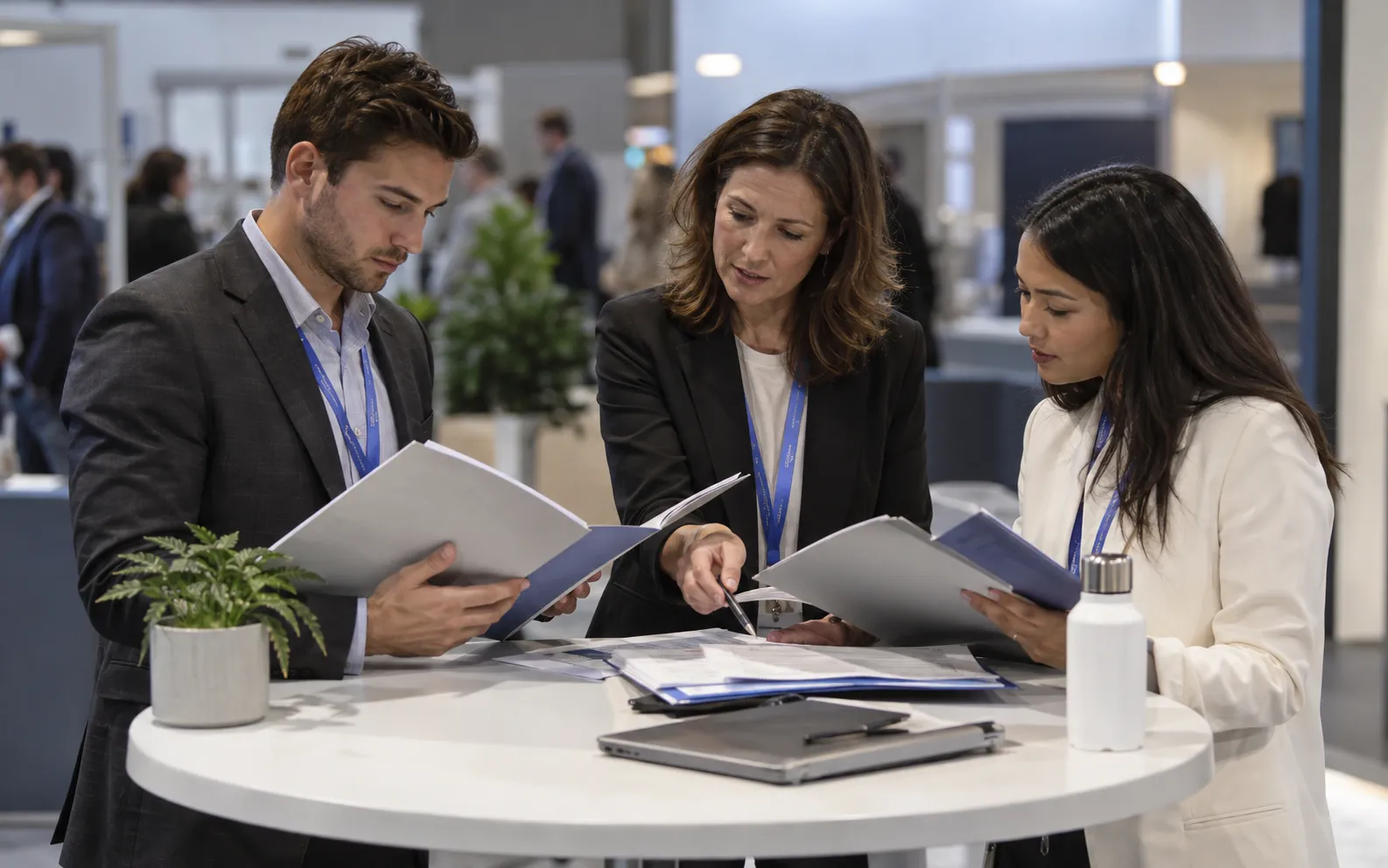 Generated scenario: A sales manager and two reps clarify account ownership using separate paper prospect folders around a stand meeting table