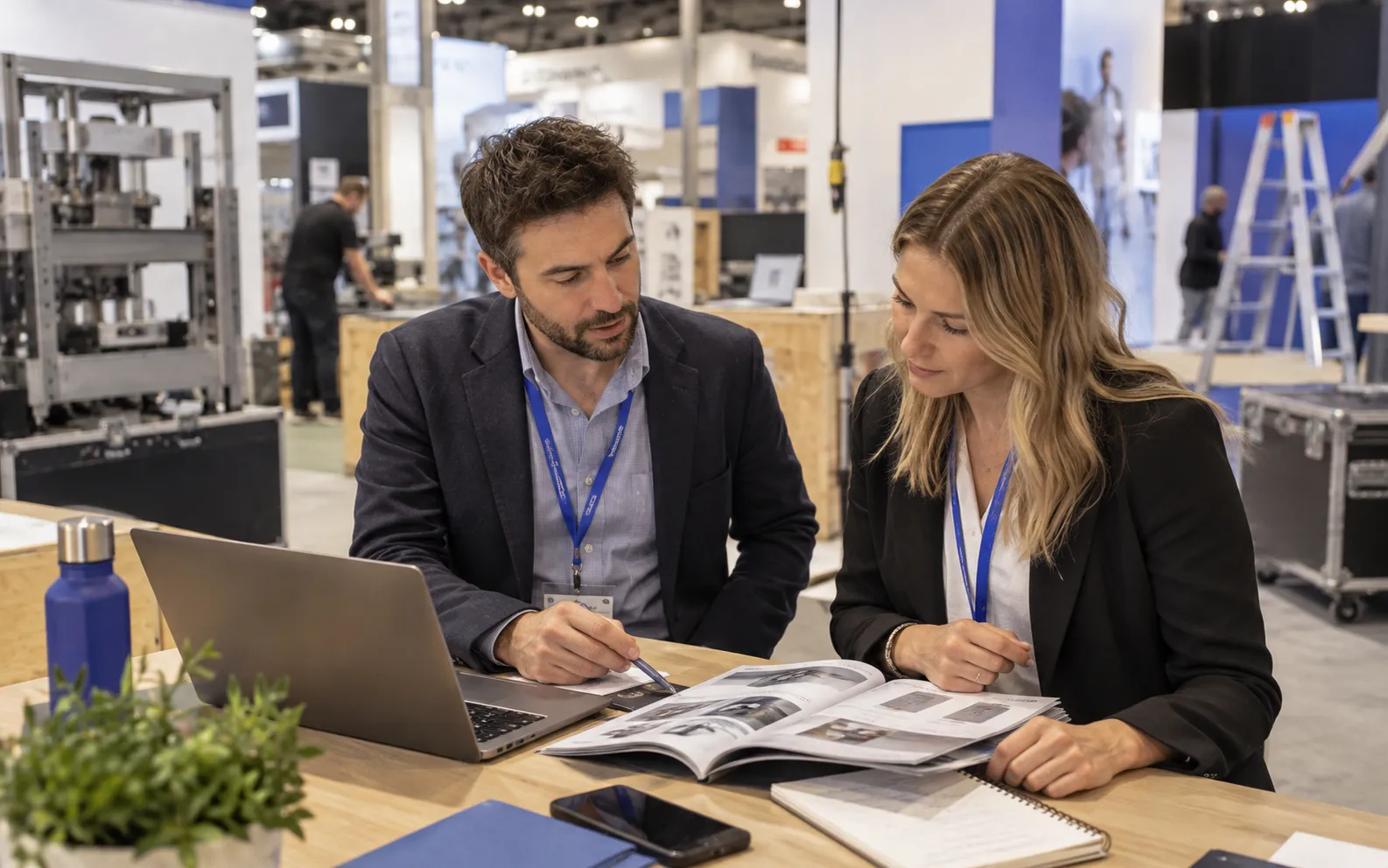 Generated scenario: A sales rep and account manager compare a small company shortlist with an industrial trade-show catalogue at a booth planning table before opening