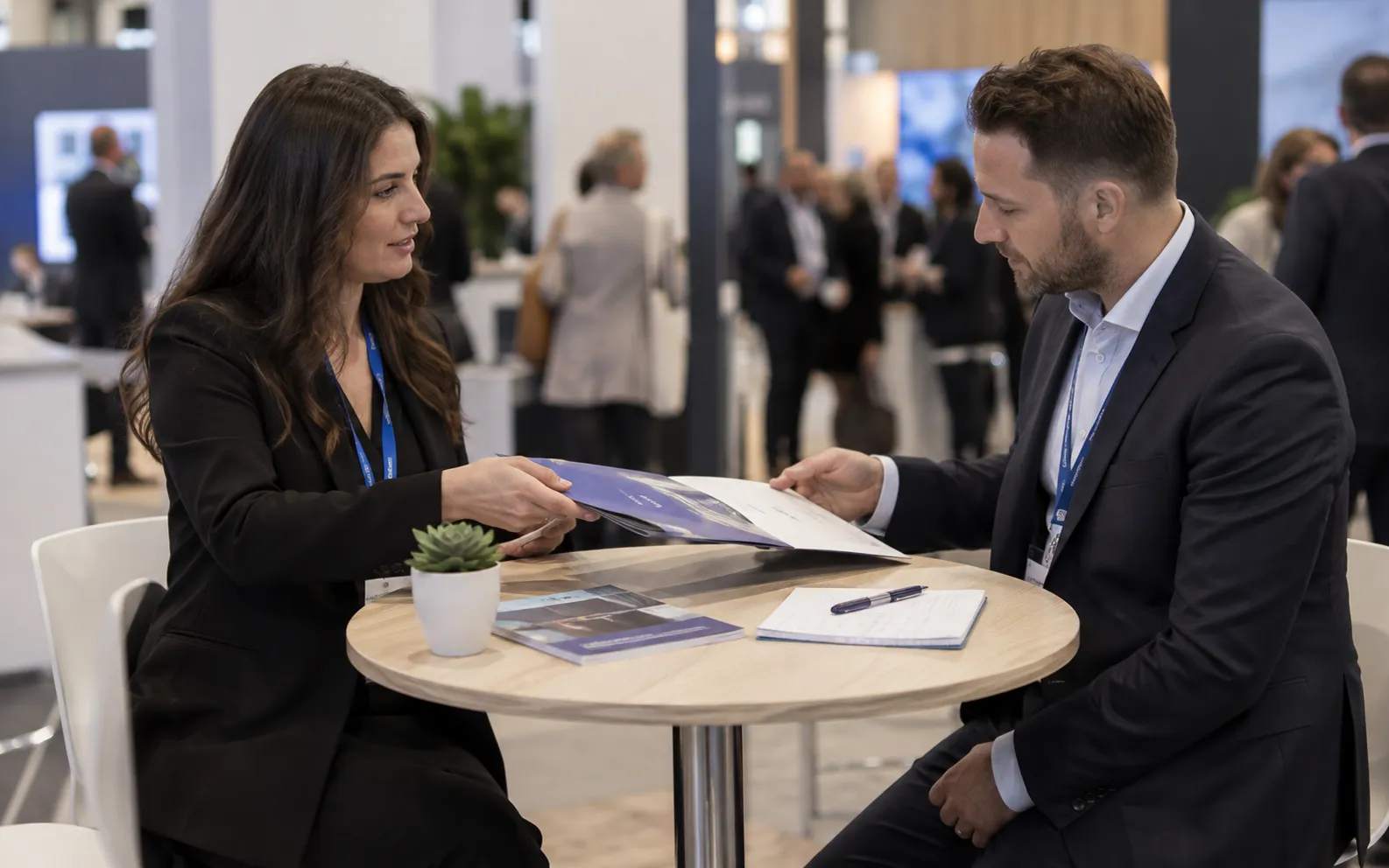 Generated scenario: A sales lead hands a neatly prepared prospect folder to a colleague over a stand meeting table, alongside an event guide and question notes
