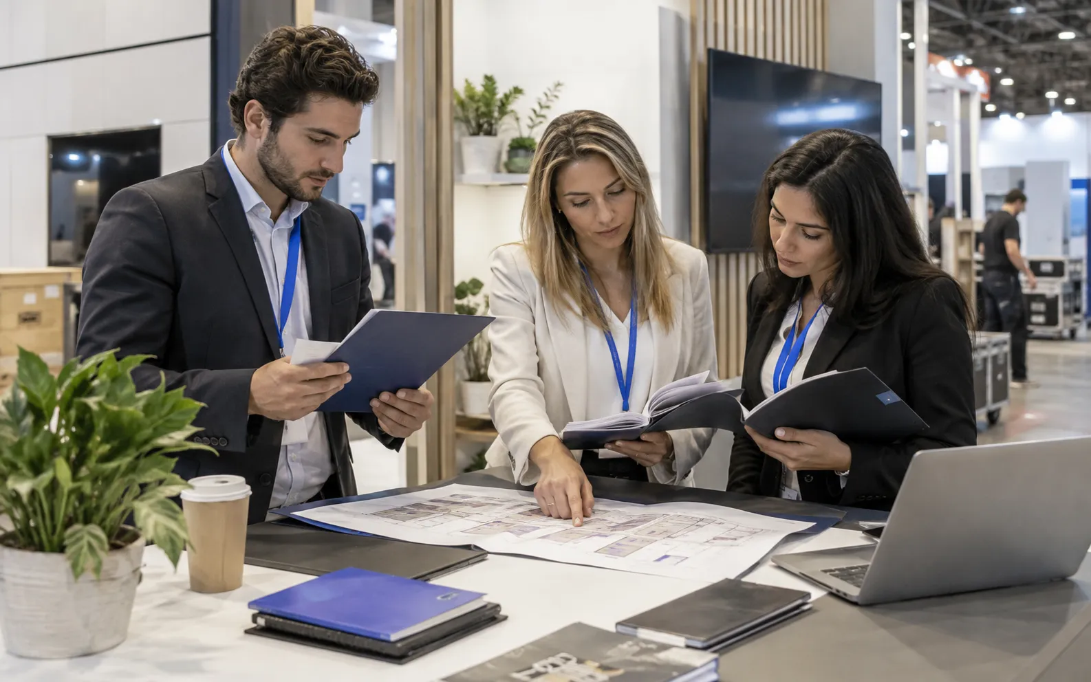 Generated scenario: Three sales teammates review individually assigned prospect folders and a floorplan in their stand before the show opens