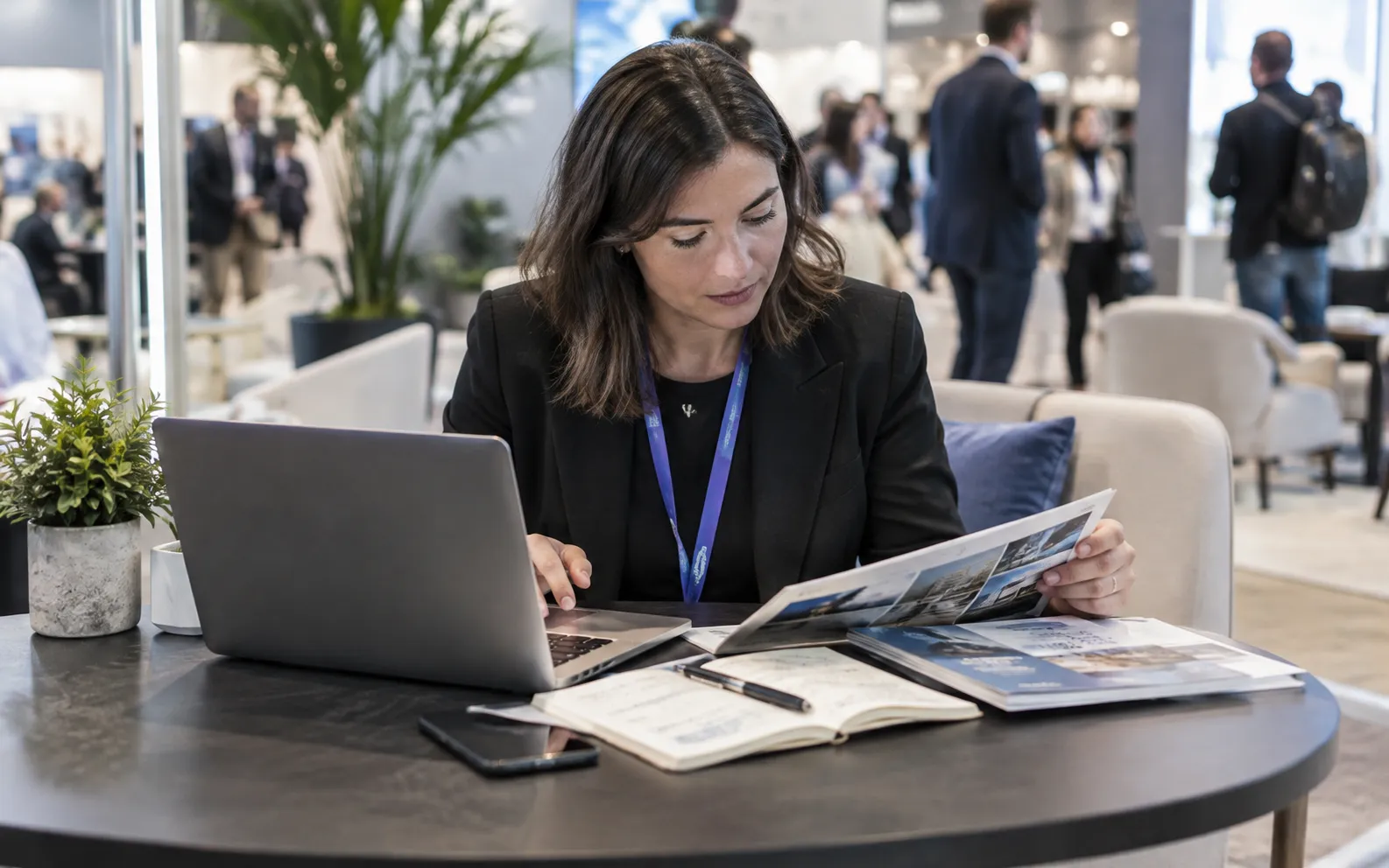 Generated scenario: A marketer researches relevant buying roles using company literature and a laptop while keeping an official event source in an open notebook